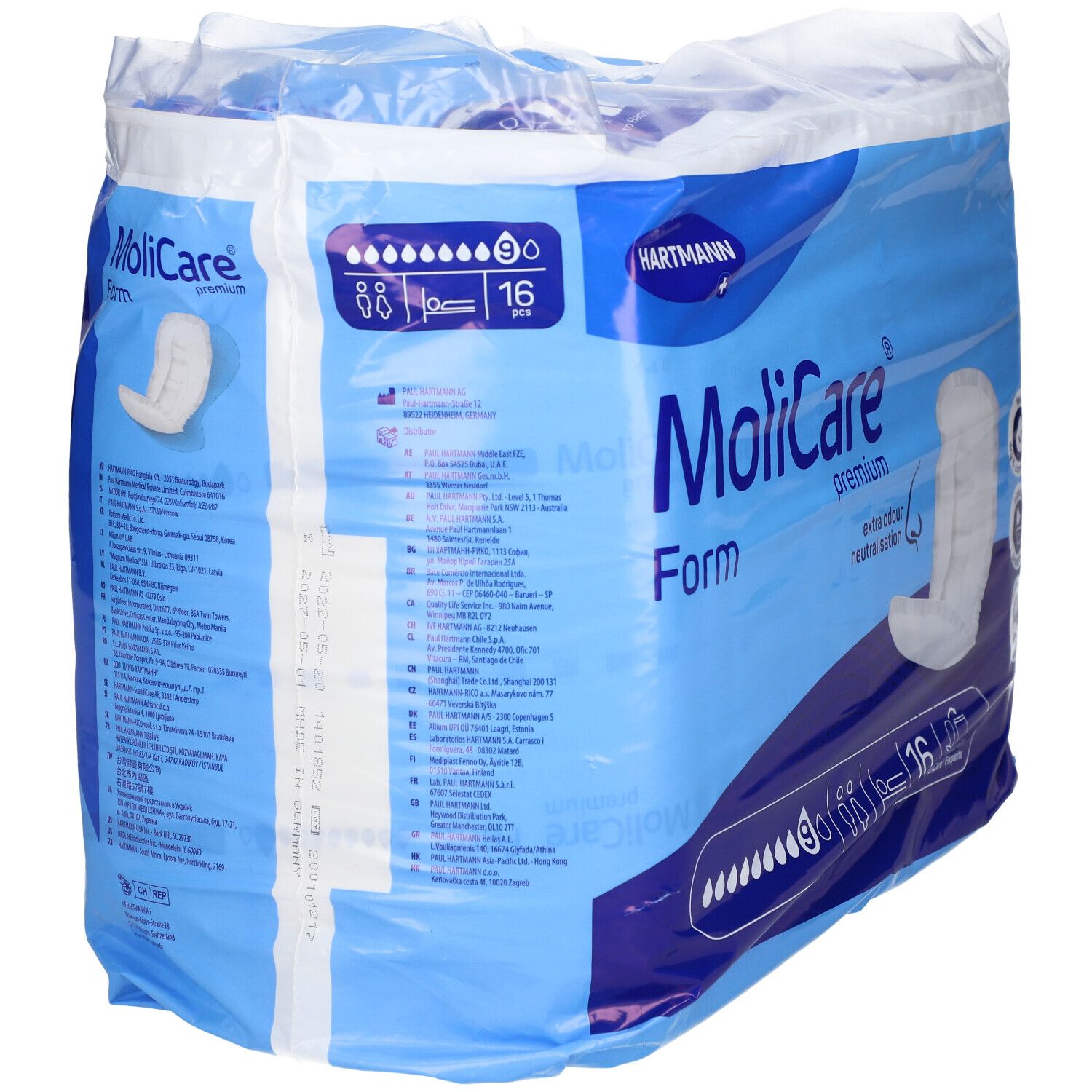Paquet de MoliCare Form. Emballage bleu avec image du produit et logo. Contient 16 unités. Informations produit au dos.