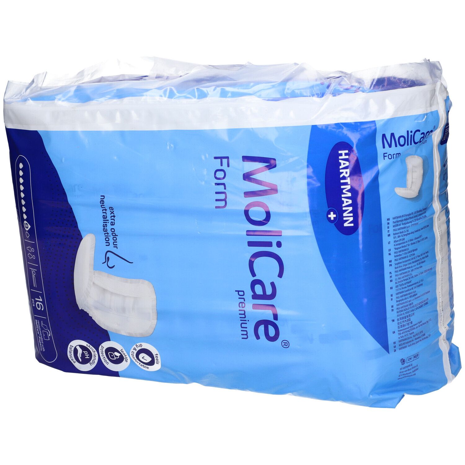 Paquet de MoliCare Form. Emballage bleu avec image du produit et logo. Contient 16 unités. Neutralisation des odeurs.