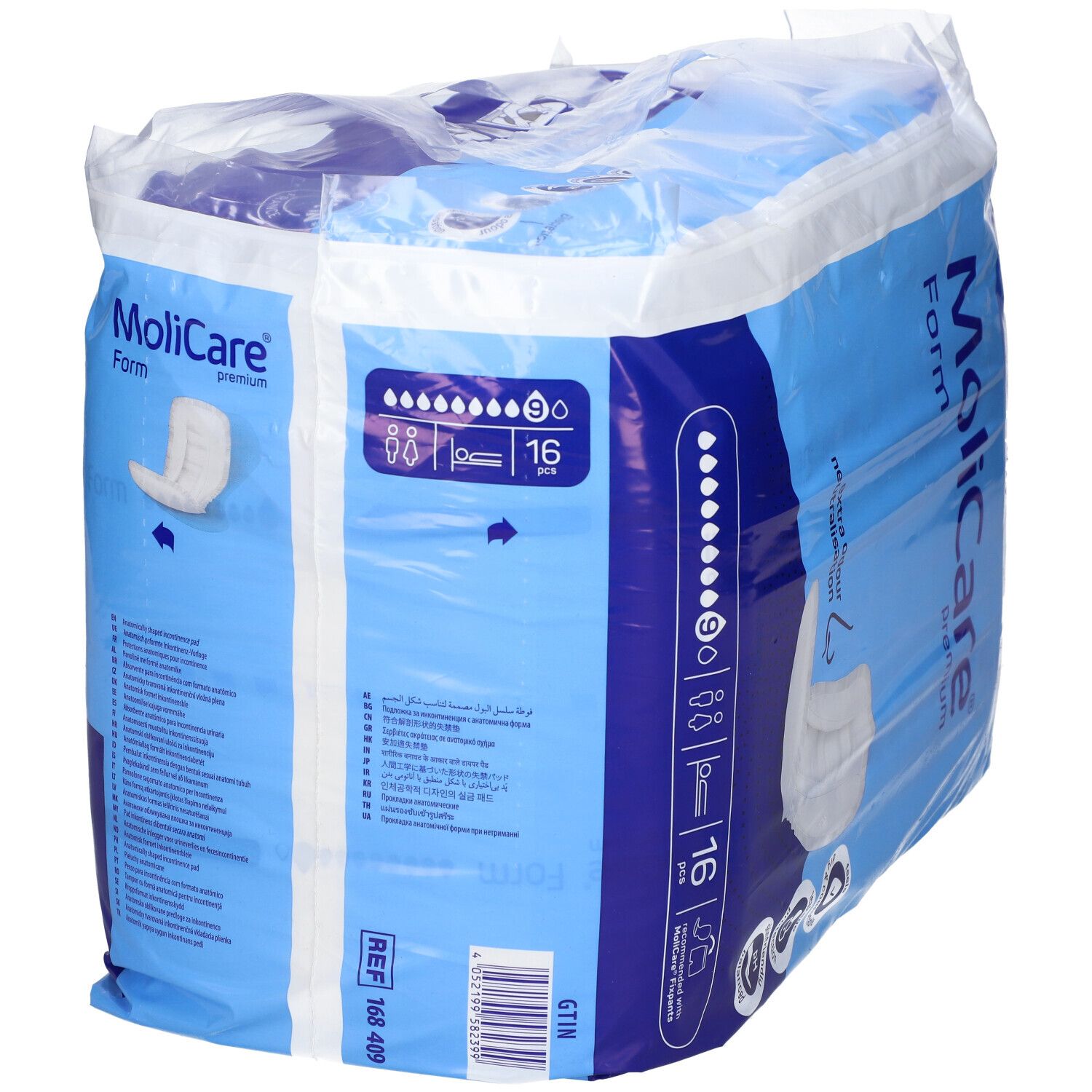 Paquet de MoliCare Form. Emballage bleu avec image du produit et logo. Contient 16 unités. Informations produit au dos.