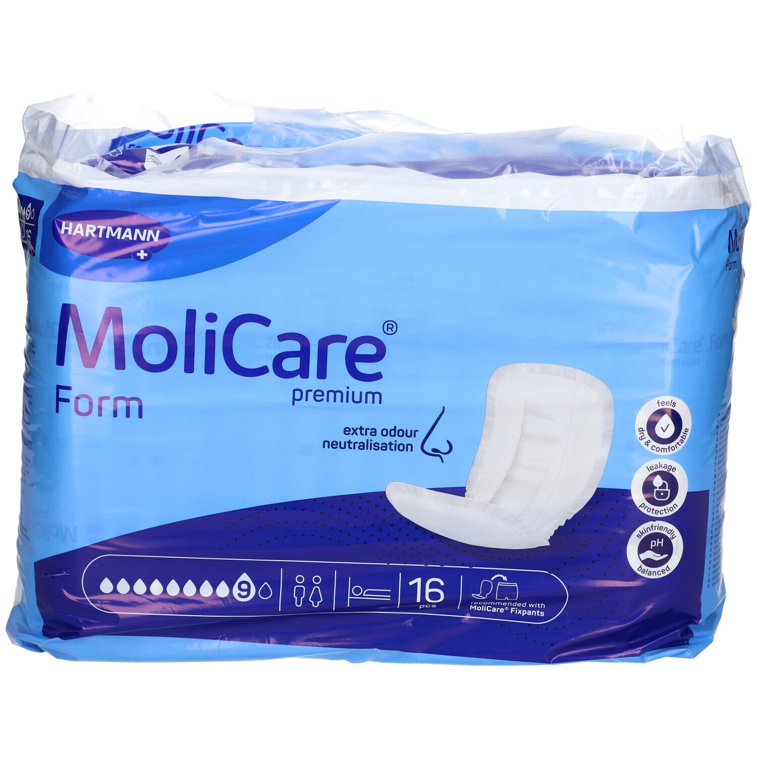 Paquet de MoliCare Form. Emballage bleu avec image du produit et logo. Contient 16 unités. Neutralisation des odeurs.