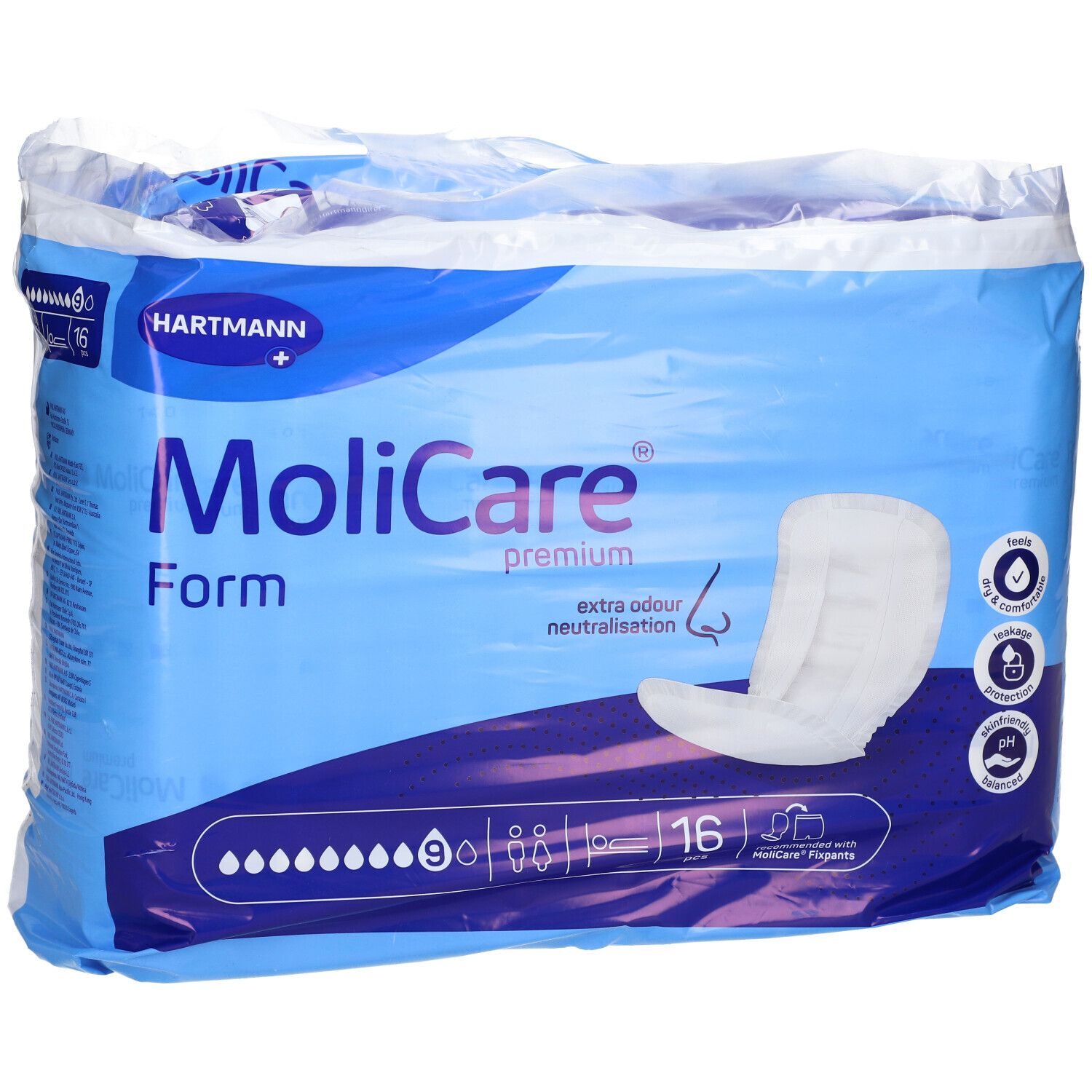 Paquet de MoliCare Form 9D. Emballage bleu avec image du produit et logo. Contient 16 unités.