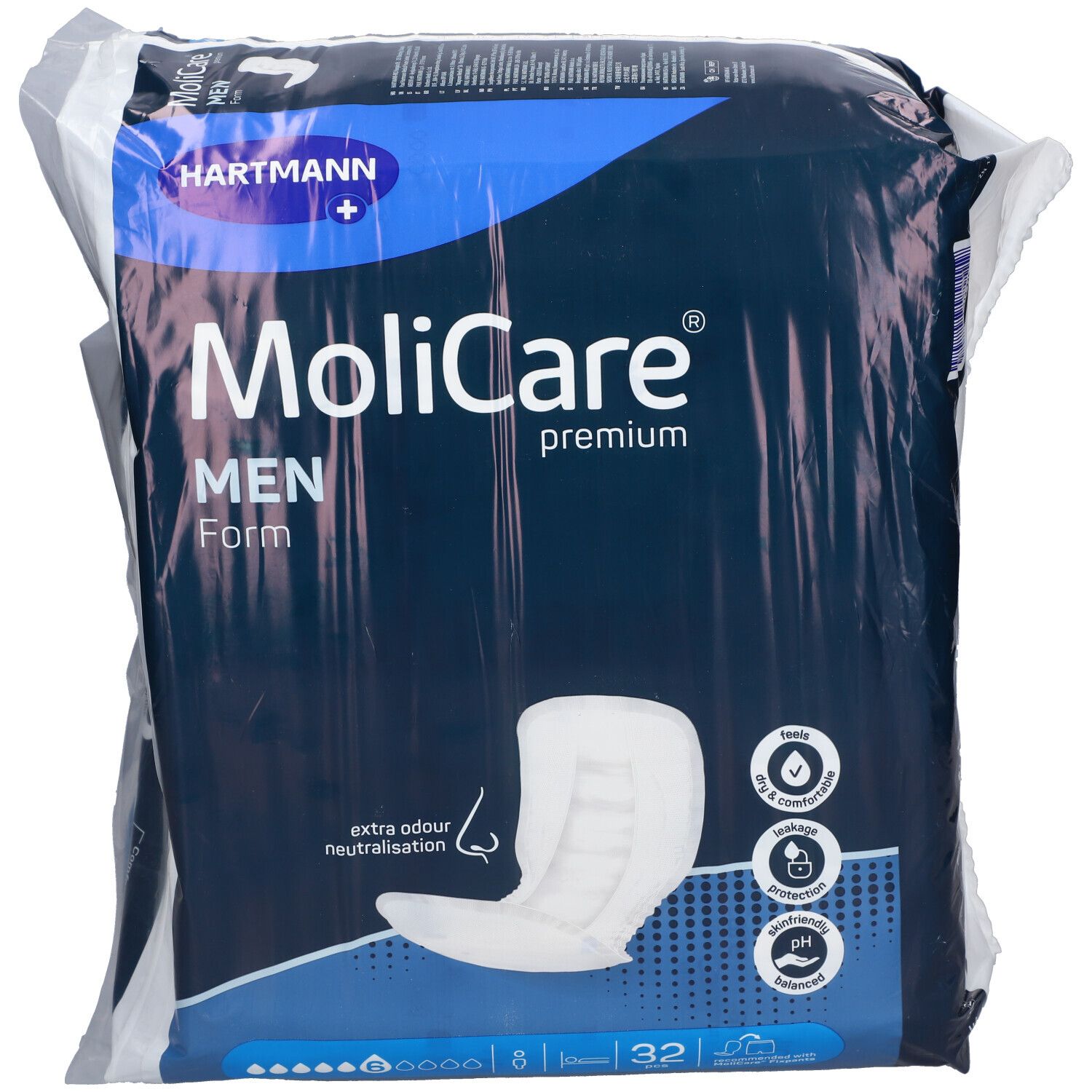Paquet de MoliCare Men Form. Emballage bleu avec image du produit et logo. 32 pièces, 8 gouttes.