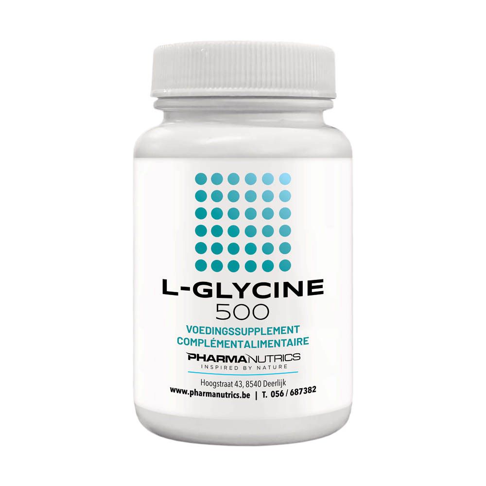 Flacon blanc avec étiquette bleue. Inscription: L-Glycine 500, Pharmanutrics. Vue de dessus.