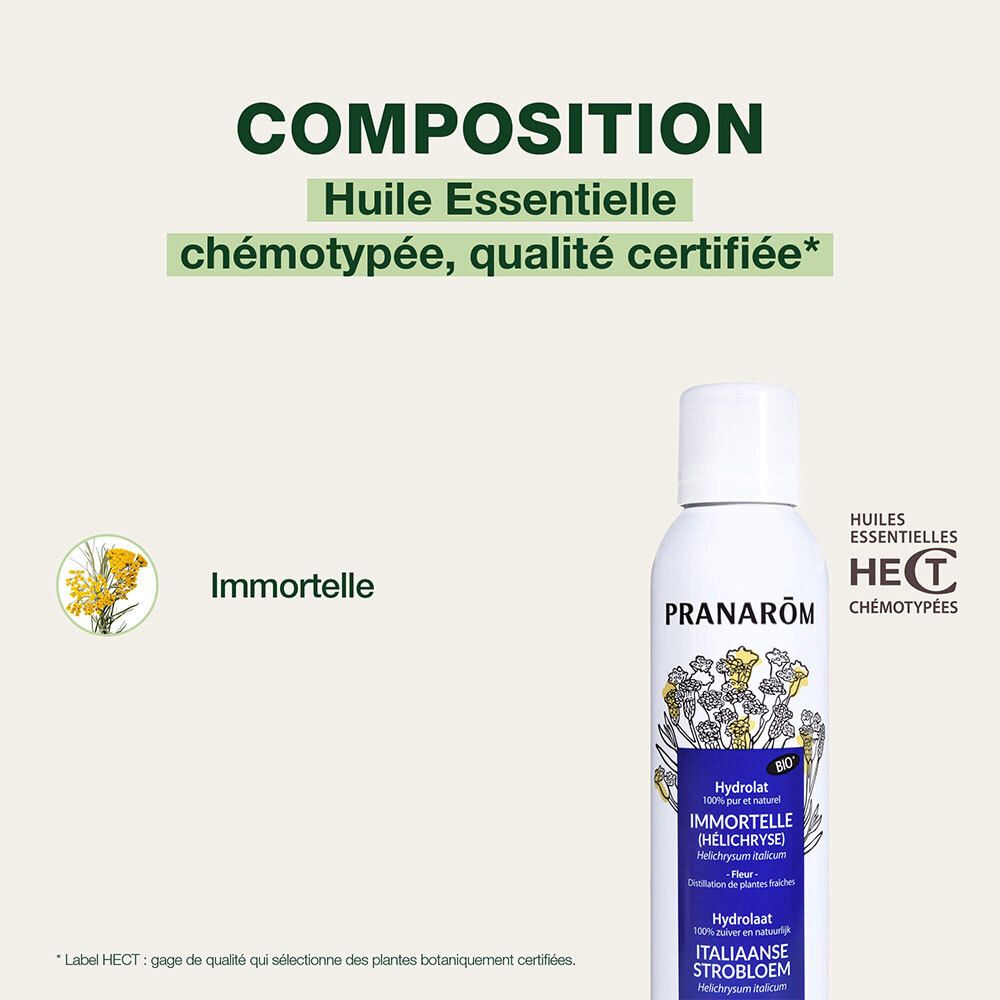 Spray Pranarôm blanc, étiquette bleue. Texte: Huile Essentielle, qualité certifiée. Immortelle.