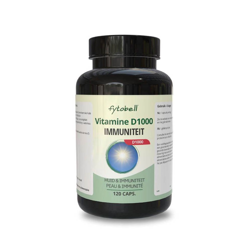 Fytobell® Vitamine D 1000 Immunité. Flacon noir avec capsules. Inscription: Vitamine D1000, Immunité, 120 capsules.