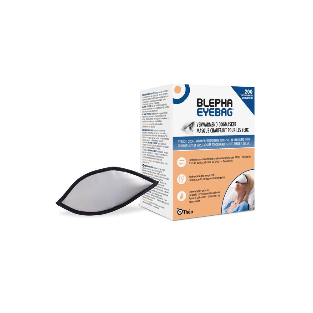 Boîte de produit avec masque oculaire. Inscription : Masque chauffant. Contient 200 utilisations. Recommandé par les ophtalmologistes.