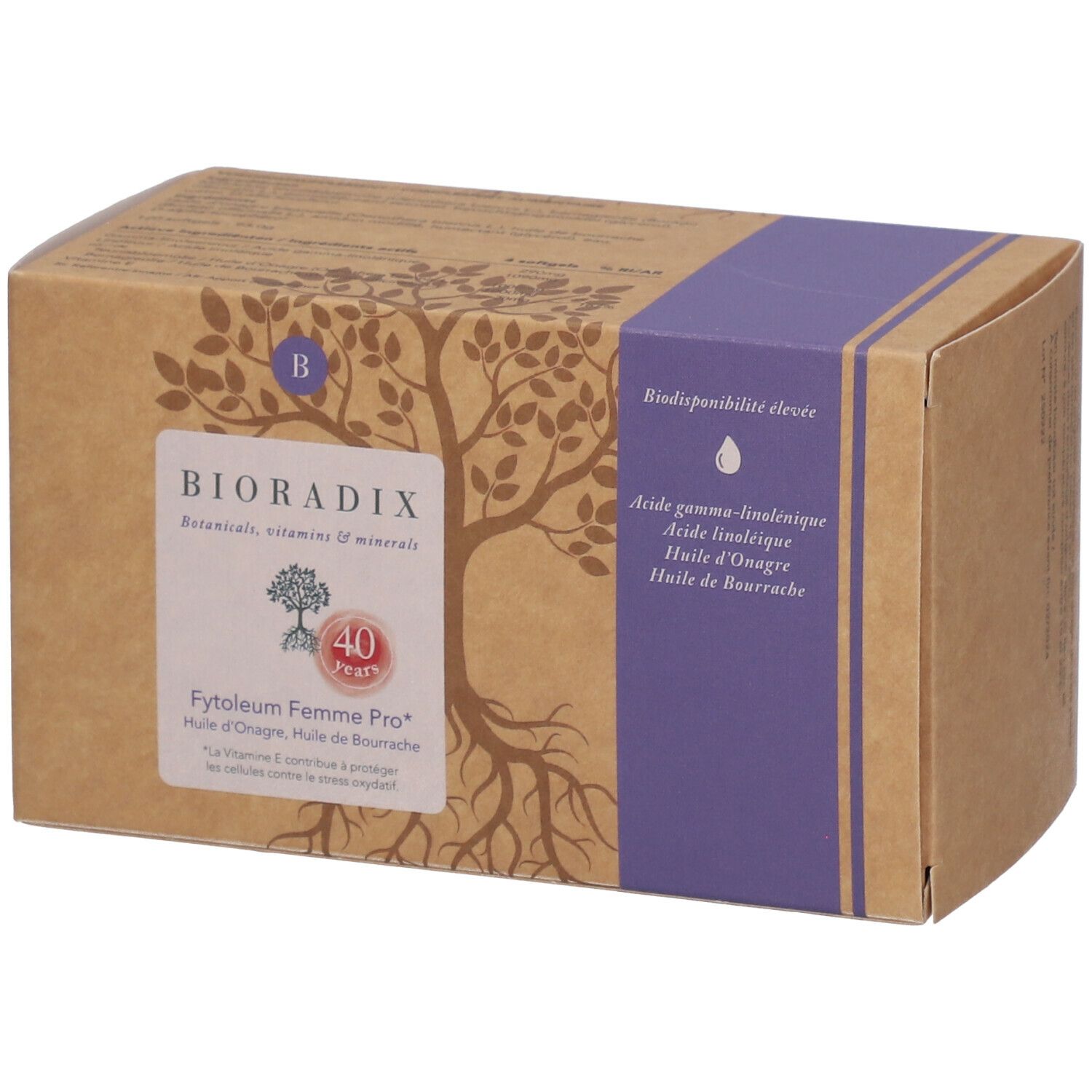 Boîte en carton BIORADIX Fytoleum Femme Pro. Boîte marron avec accents violets et informations sur le produit.