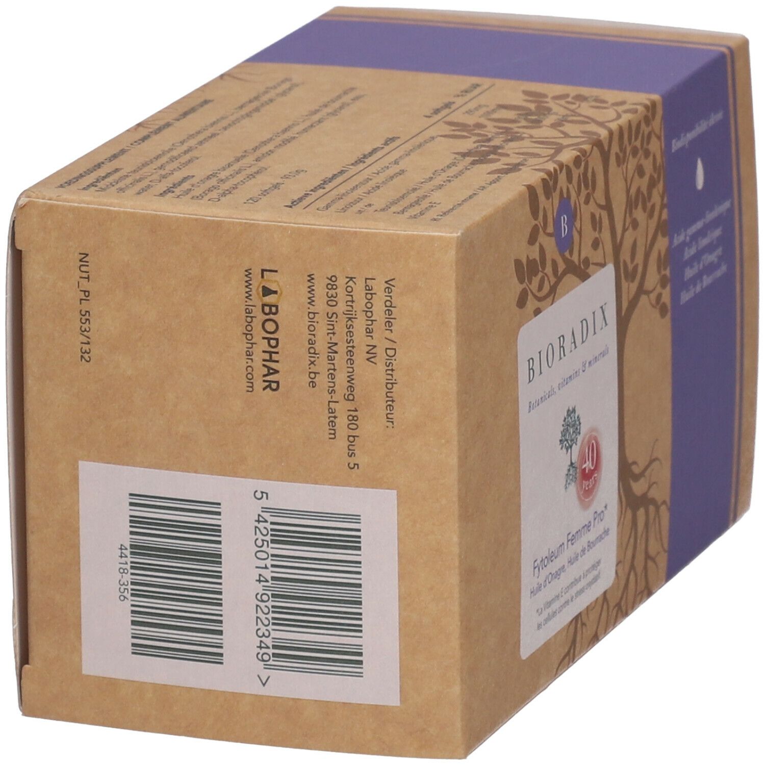 Boîte BIORADIX Fytoleum Femme Pro. Code-barres et informations produit sur le côté de l'emballage.