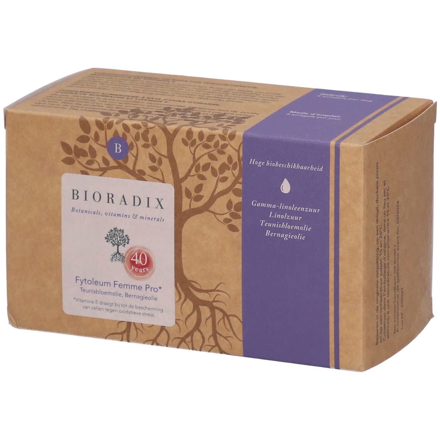Boîte en carton BIORADIX Fytoleum Femme Pro. Boîte marron avec accents violets et informations sur le produit.