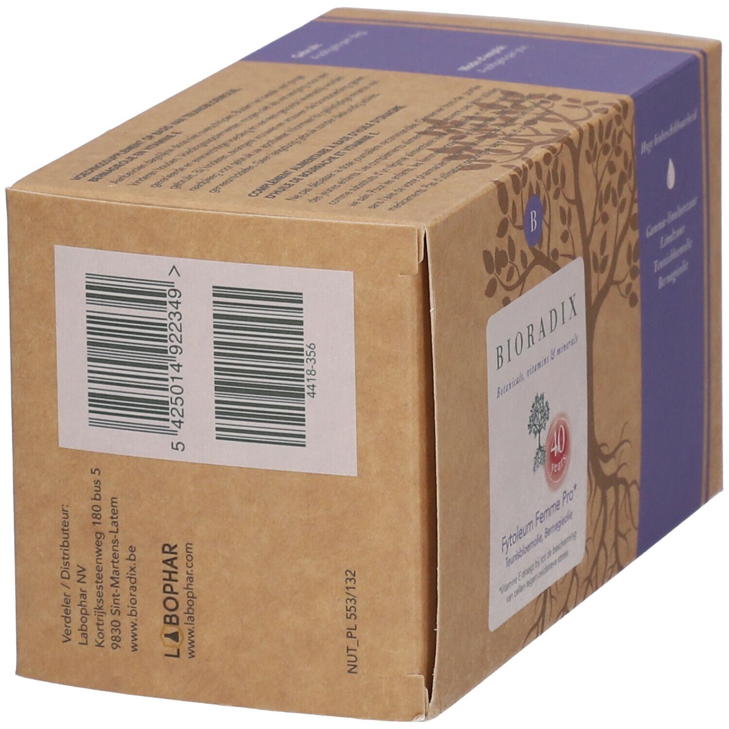 Boîte BIORADIX Fytoleum Femme Pro. Code-barres et informations produit sur le côté de l'emballage.