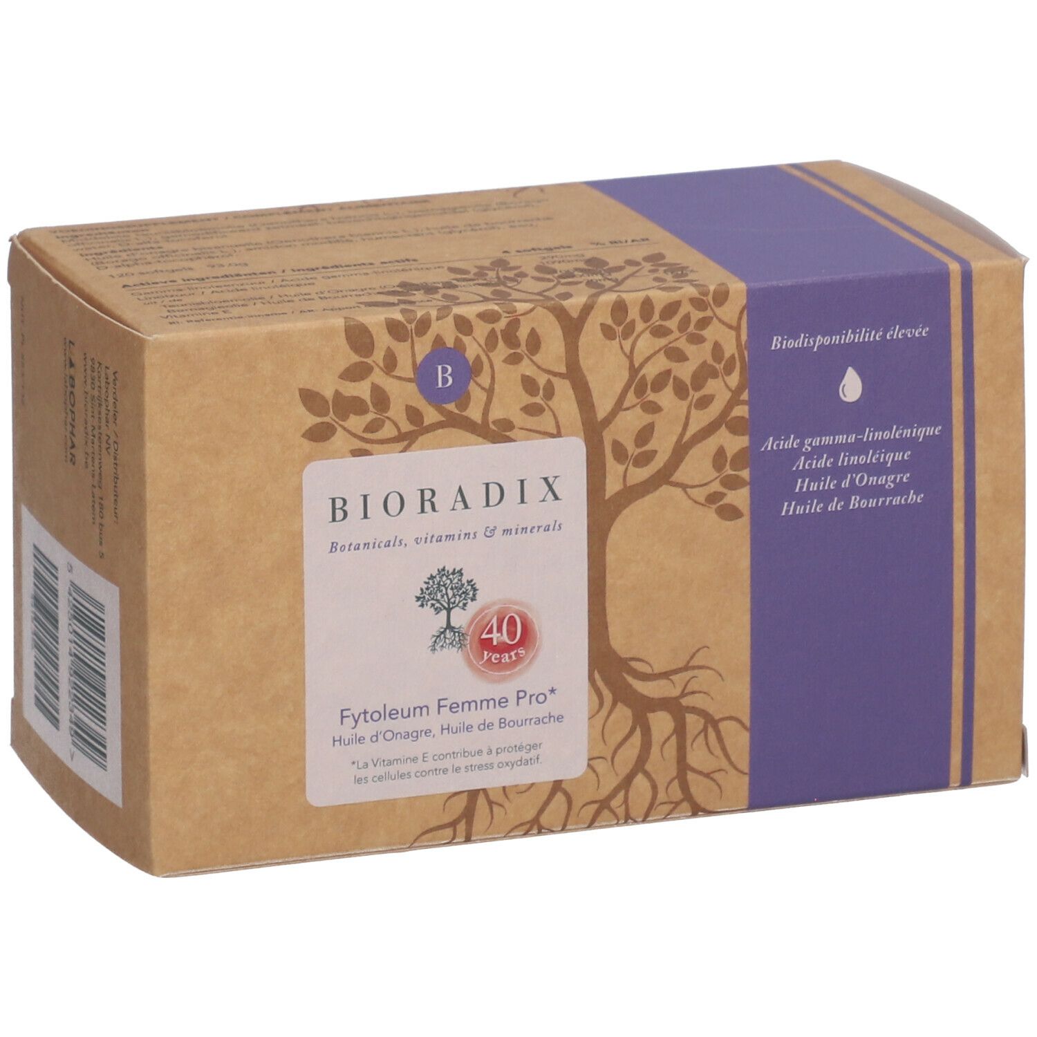 Boîte en carton BIORADIX Fytoleum Femme Pro. Boîte marron avec accents violets et informations sur le produit.