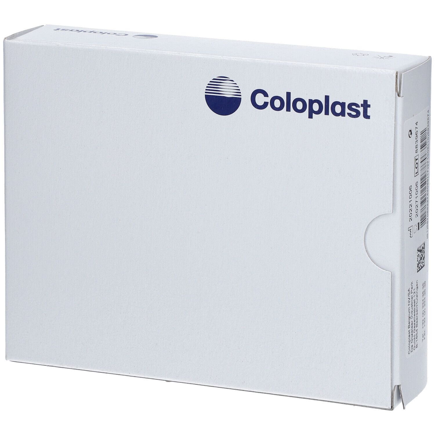 Emballage blanc avec logo Coloplast bleu. Boîte avec ouverture arrondie. Informations produit sur le côté.