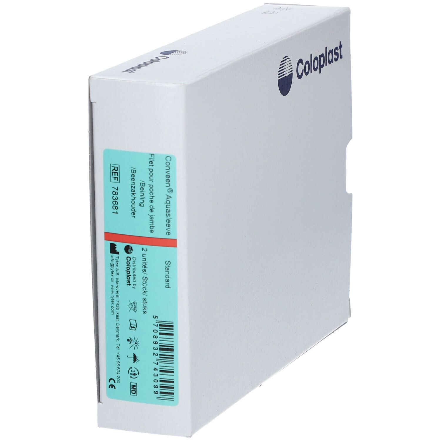 Emballage blanc avec logo Coloplast bleu. Étiquette avec informations produit: Conveen Beenzakhouder Standaard.