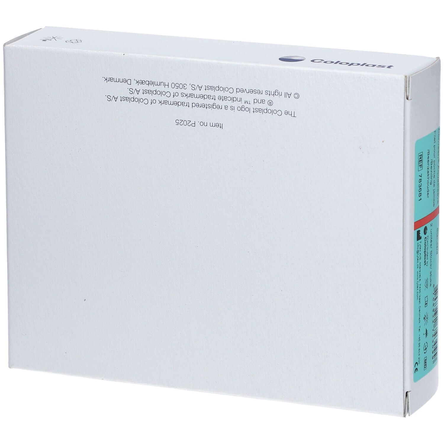 Emballage blanc avec logo Coloplast bleu. Dos avec texte et logo. Informations produit et adresse du fabricant.