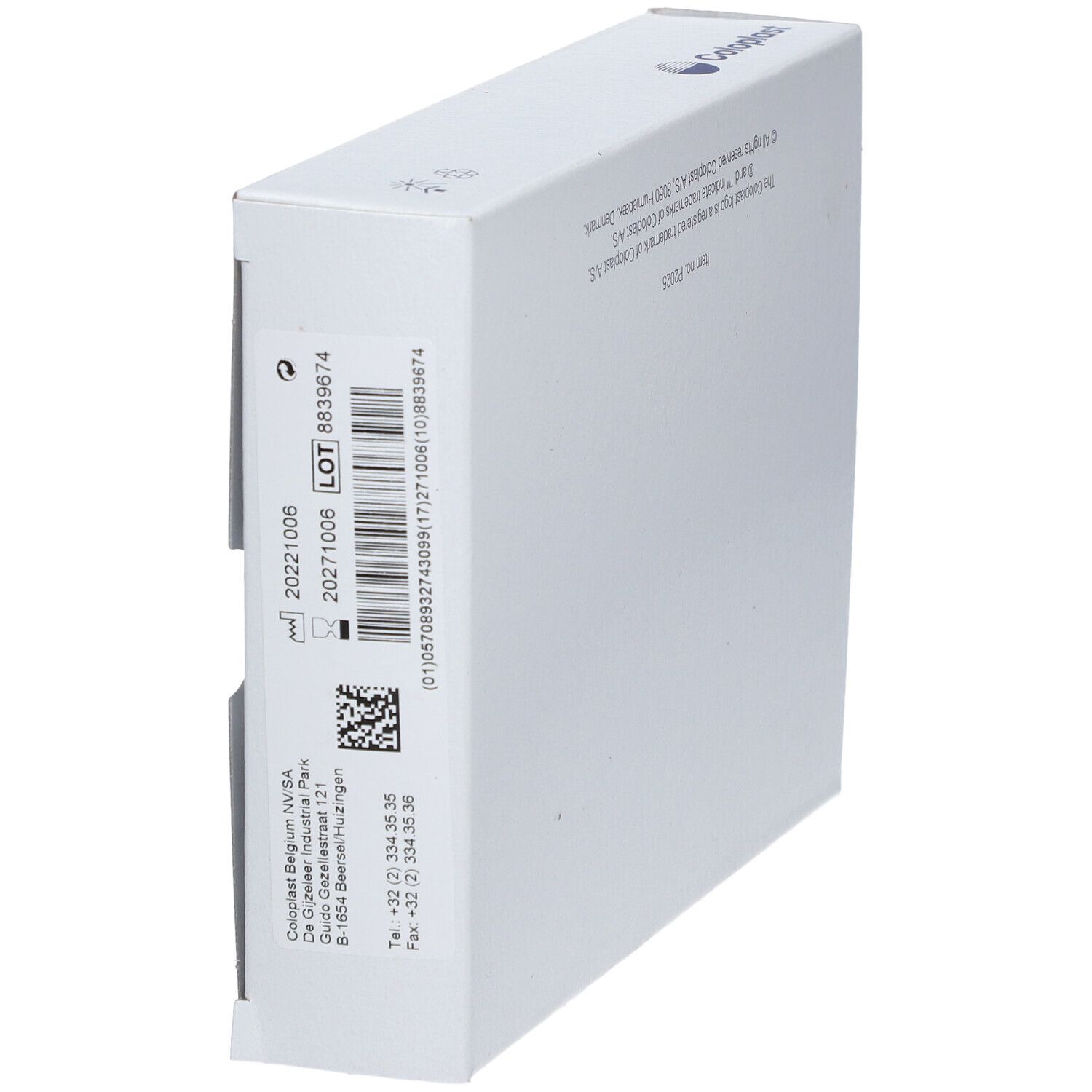 Emballage blanc avec logo Coloplast bleu. Côté avec code-barres, numéro de lot et informations fabricant.