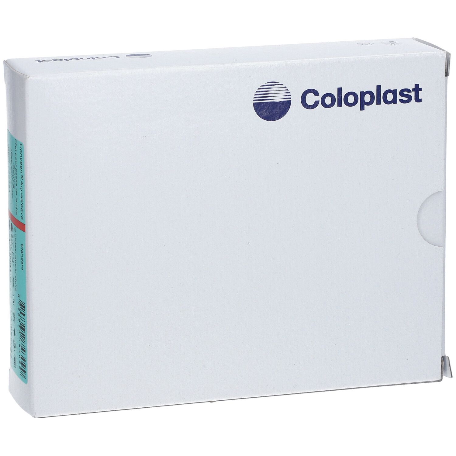 Emballage blanc avec logo Coloplast bleu. Étiquette avec informations produit. Boîte avec ouverture arrondie.