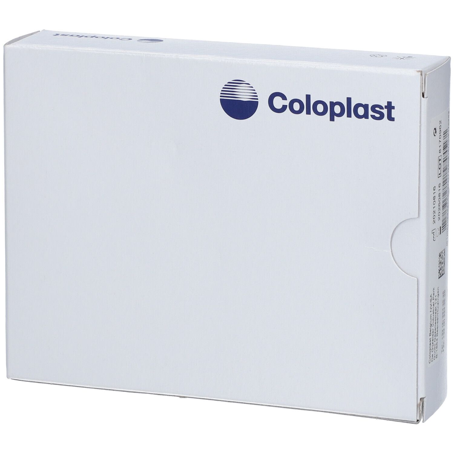 Boîte blanche Coloplast. Logo et texte bleu Coloplast. Boîte avec coin arrondi.
