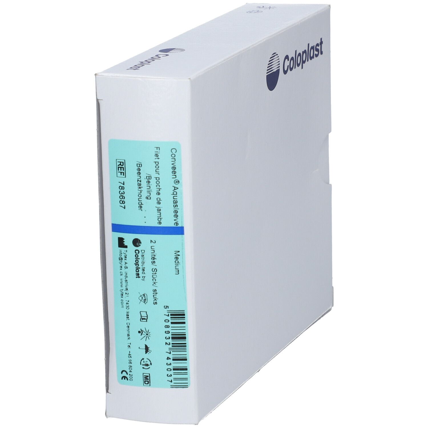 Emballage blanc Coloplast. Autocollant avec informations produit. Nom du produit: Conveen Aquasleeve Medium.