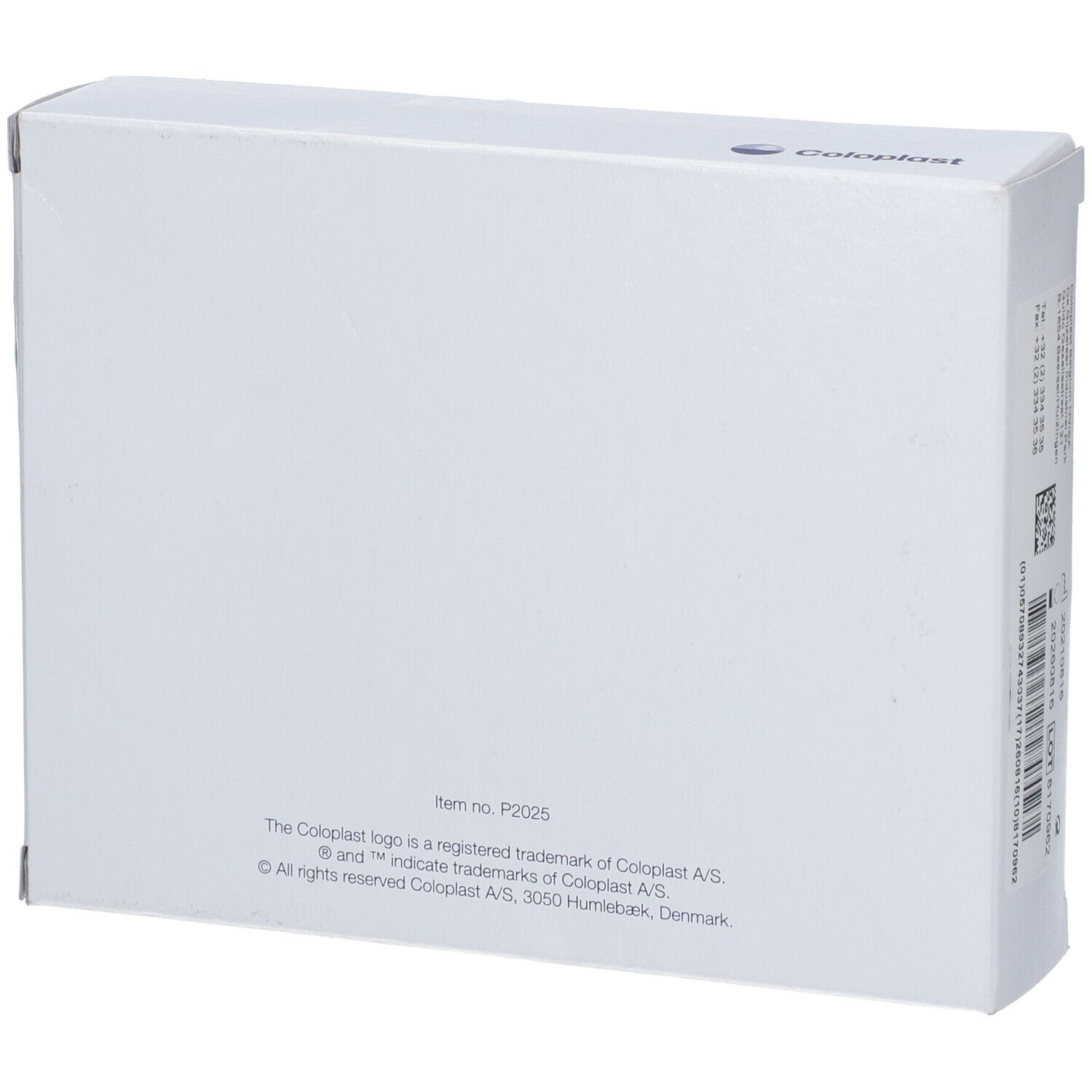 Dos de l'emballage blanc Coloplast. Texte avec informations sur le produit et logo.