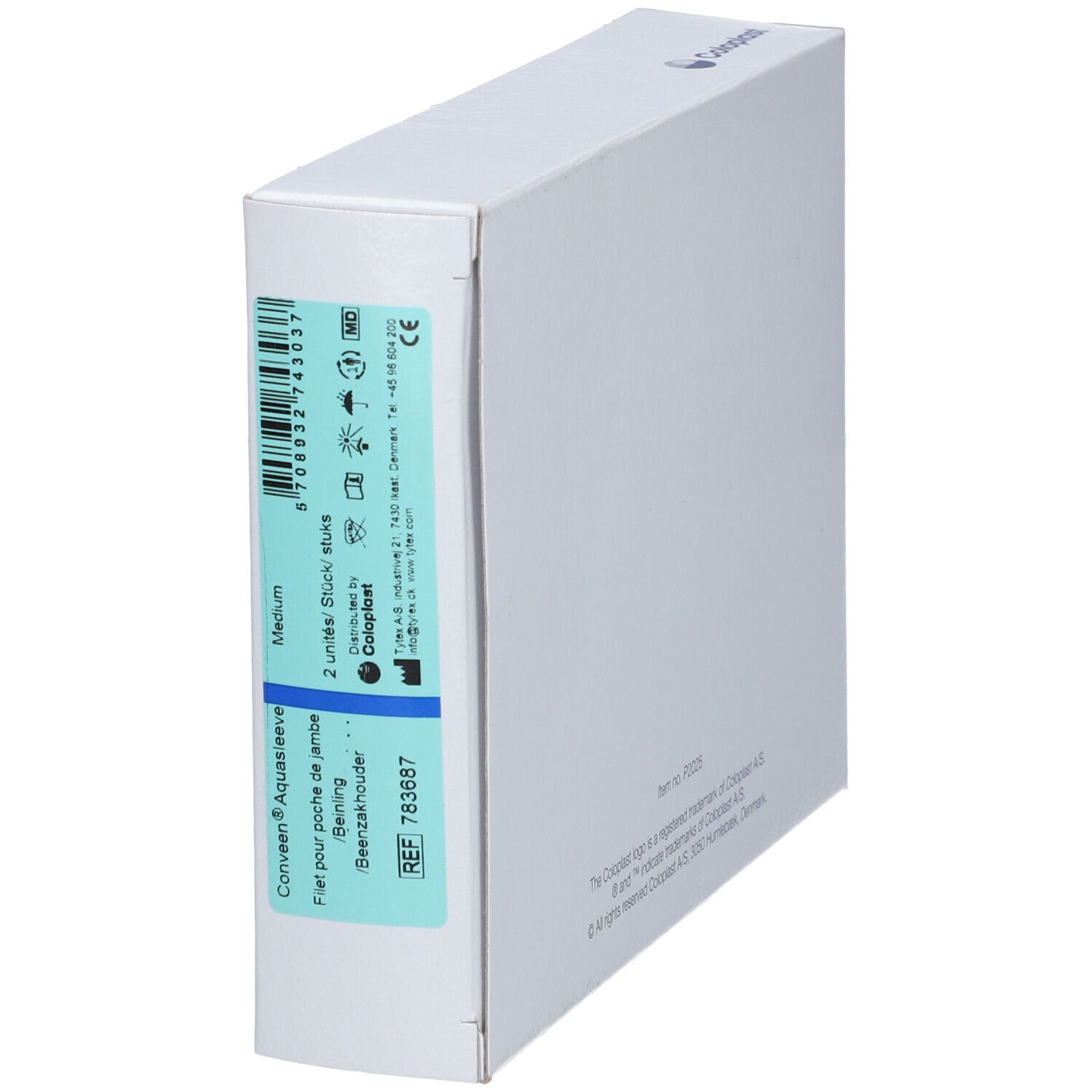 Emballage blanc Coloplast. Autocollant avec informations produit. Nom du produit: Conveen Aquasleeve Medium.