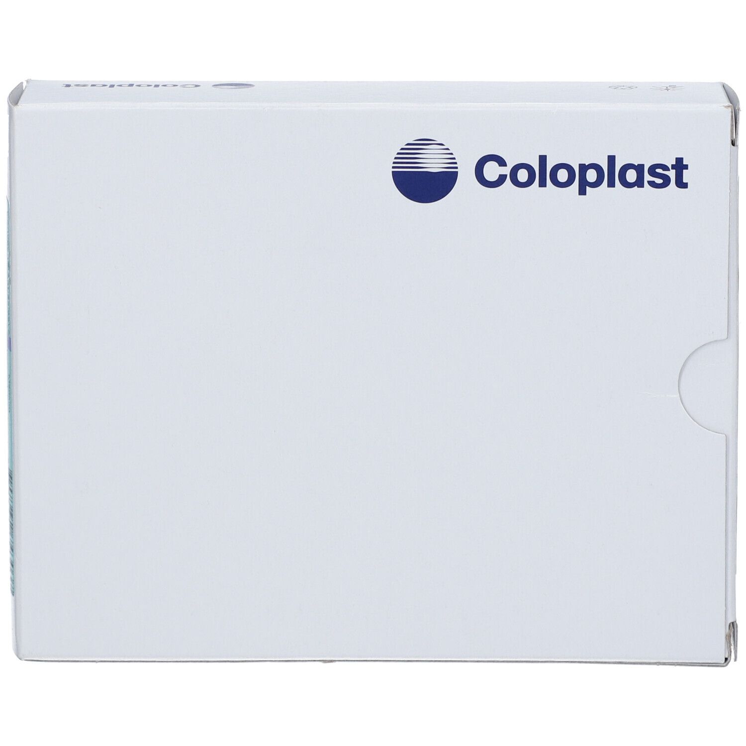 Boîte blanche Coloplast. Logo et texte bleu Coloplast. Boîte avec coin arrondi.