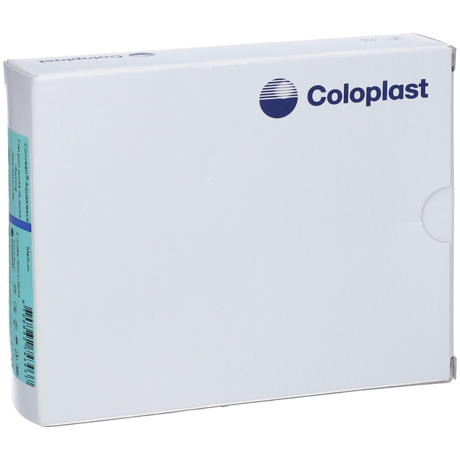 Boîte blanche Coloplast. Logo et texte bleu Coloplast. Boîte avec coin arrondi.