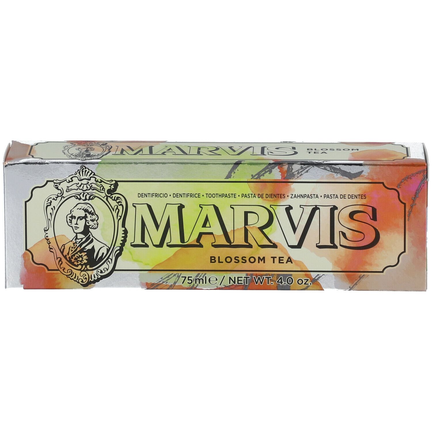 Boîte Marvis Blossom Tea. Logo et texte. Inscription 75ml/4.0 oz.