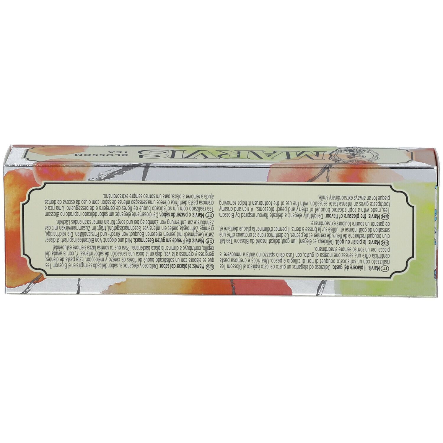 Dessus de la boîte Marvis Blossom Tea. Texte et logo visibles.