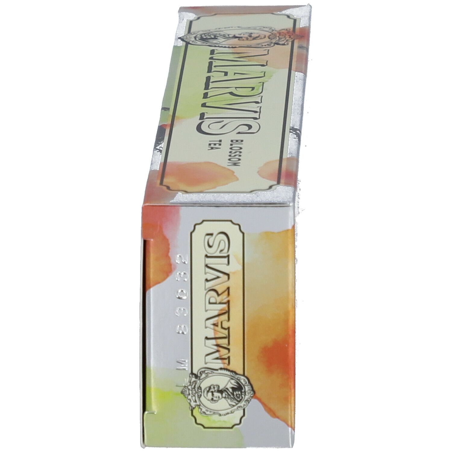Vue latérale de la boîte Marvis Blossom Tea. Logo et texte visibles.