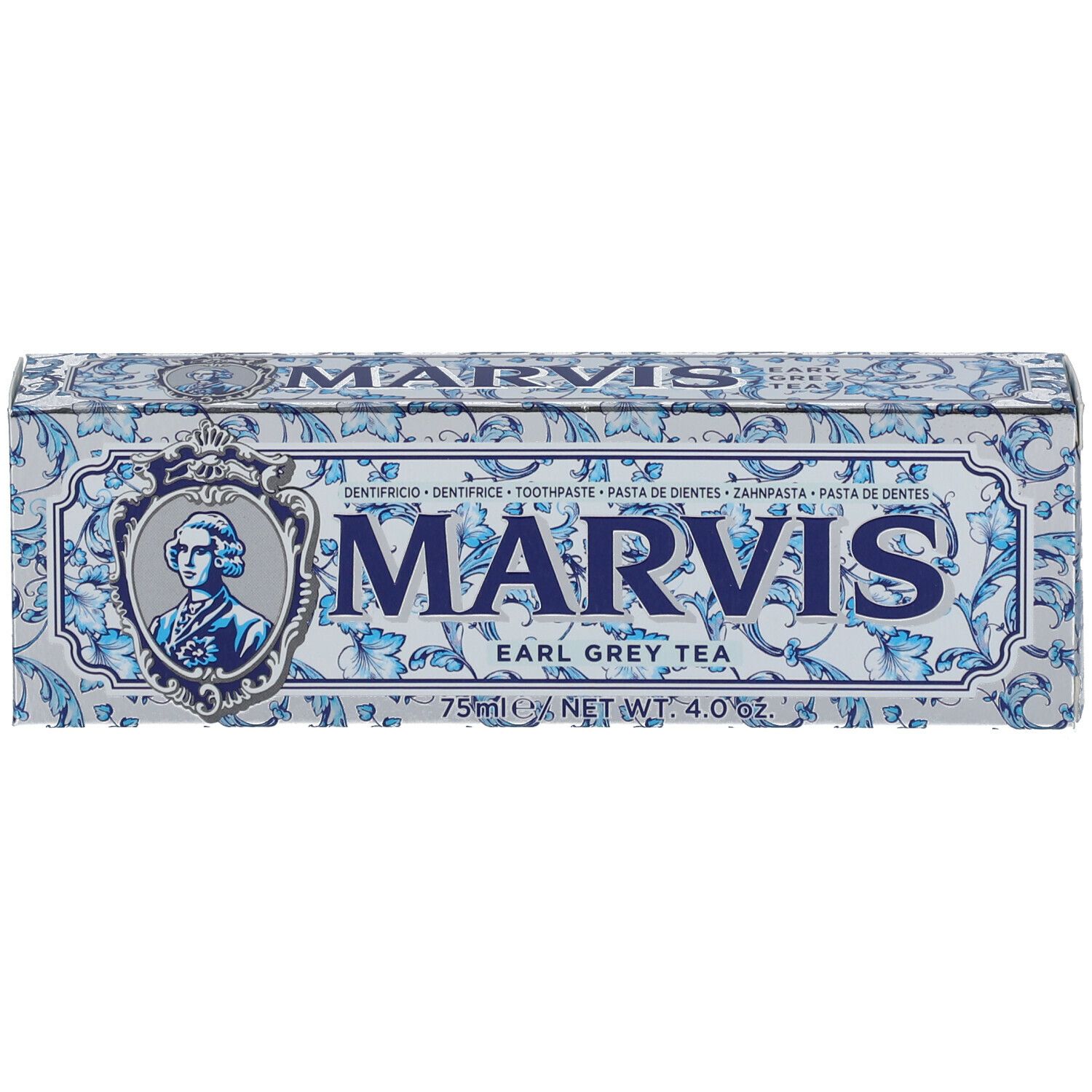 Boîte avec motif bleu et inscription MARVIS. Earl Grey Tea. Contient du dentifrice.