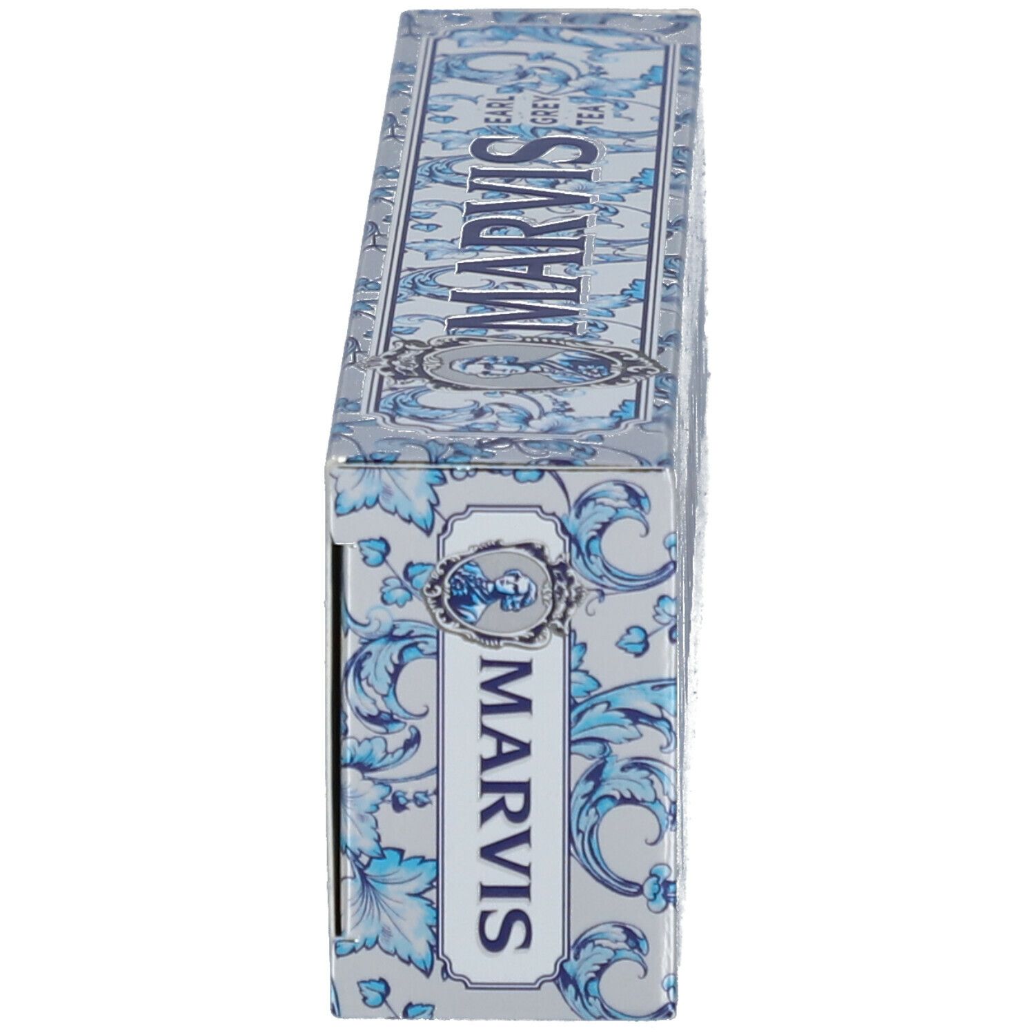 Boîte, côté avec motif bleu et inscription MARVIS. Earl Grey Tea.