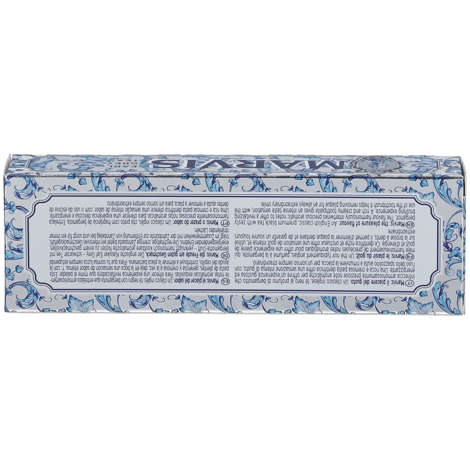 Boîte, dos avec texte et motif bleu. MARVIS Earl Grey Tea.
