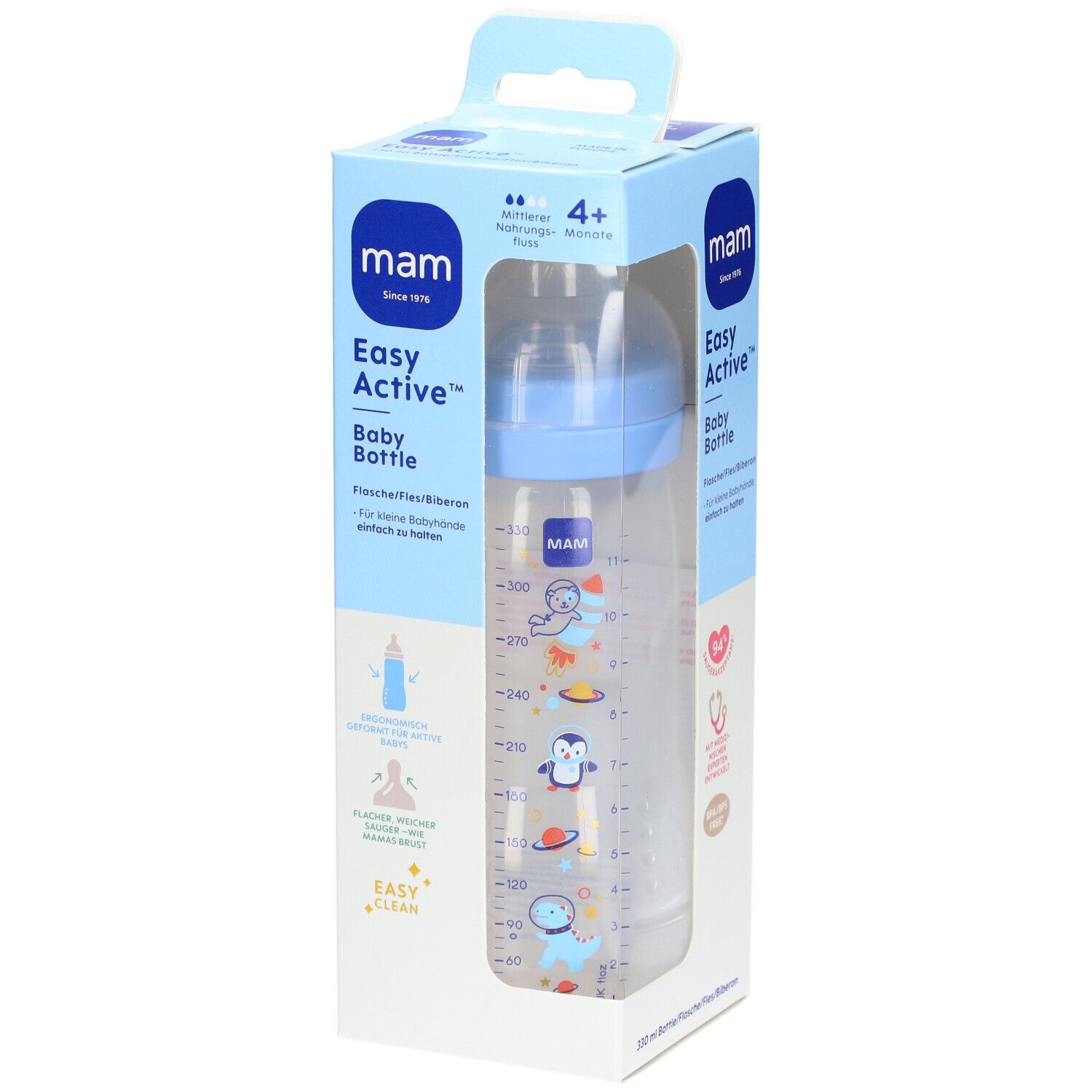 Biberon Easy Active™ MAM en boîte. Capuchon bleu, biberon transparent avec graduation et motifs animaux. Recommandé pour les bébés de 4+ mois.