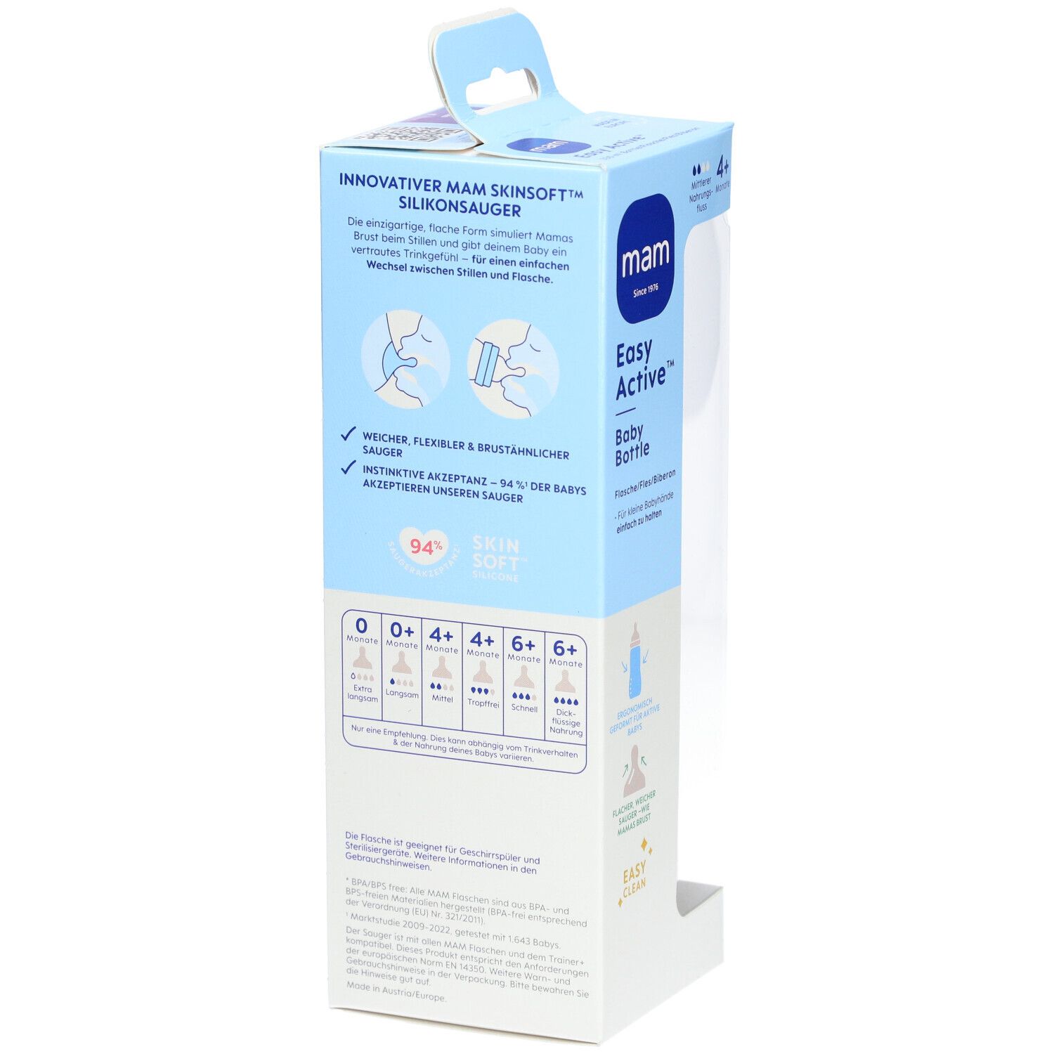 Emballage du biberon Easy Active™. Détails sur la tétine en silicone MAM SkinSoft™. Recommandations d'âge et illustrations du produit.