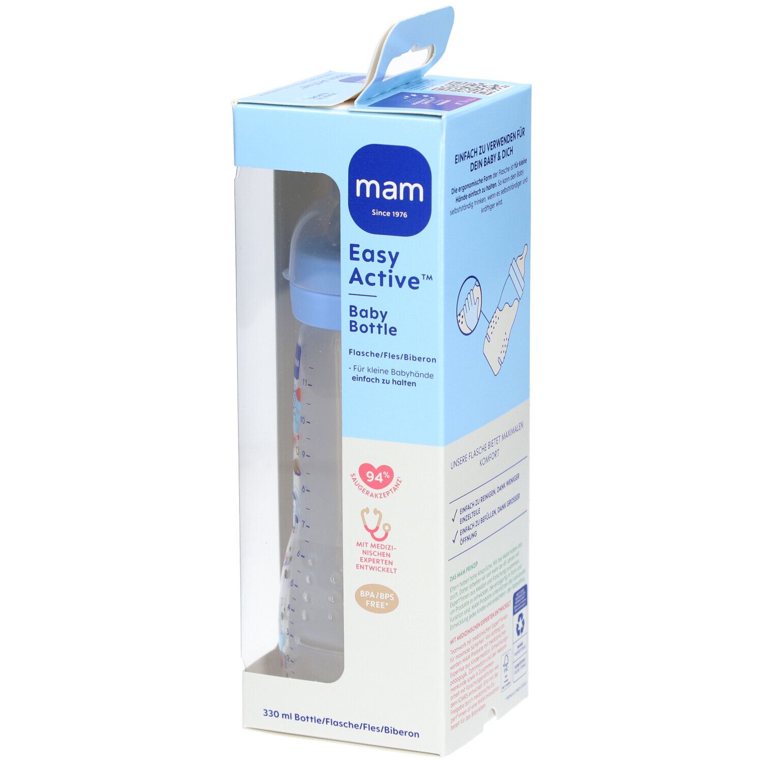 Biberon Easy Active™ en boîte. Capuchon bleu, biberon transparent avec graduation. 330 ml. Logo MAM.