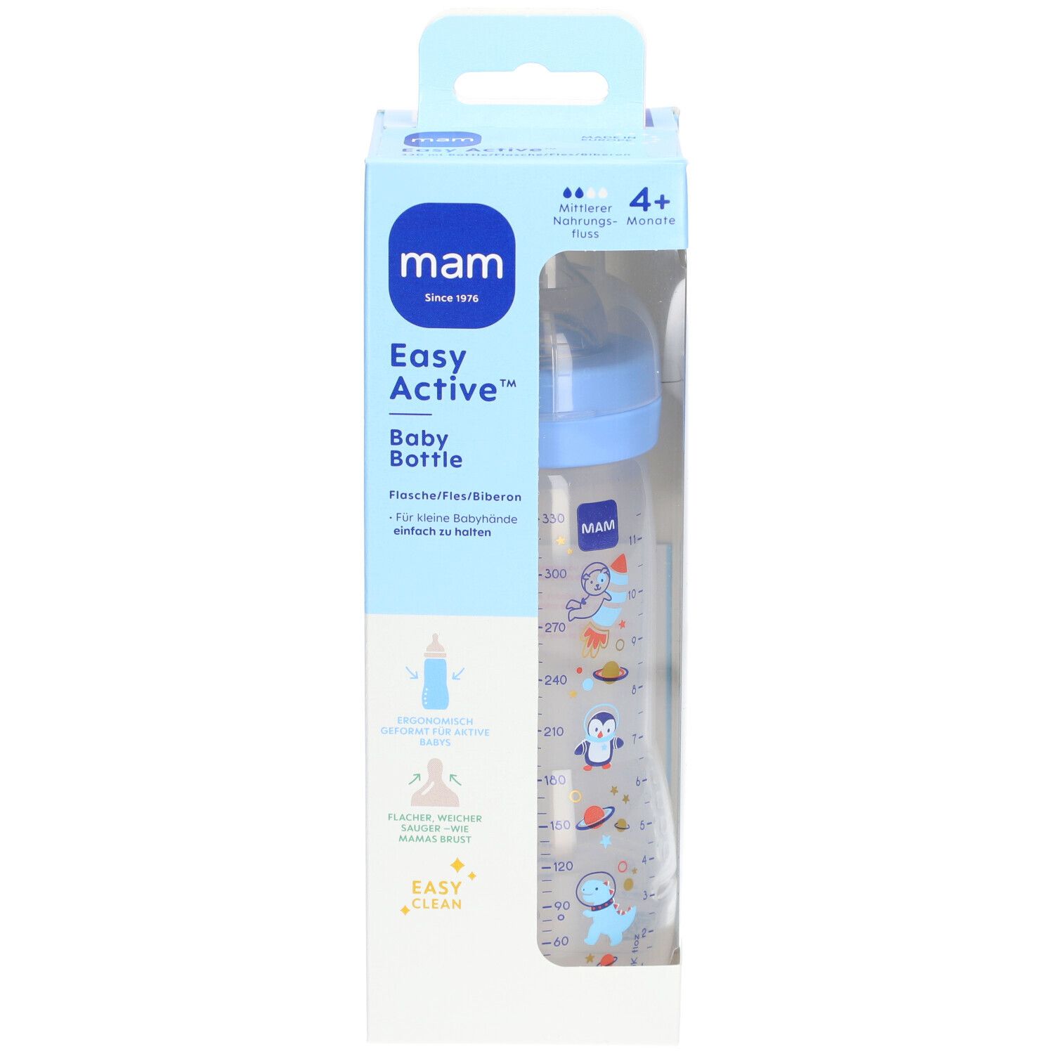 Biberon Easy Active™ en boîte. Capuchon bleu, biberon transparent avec graduation et motifs animaux. 4+ mois.