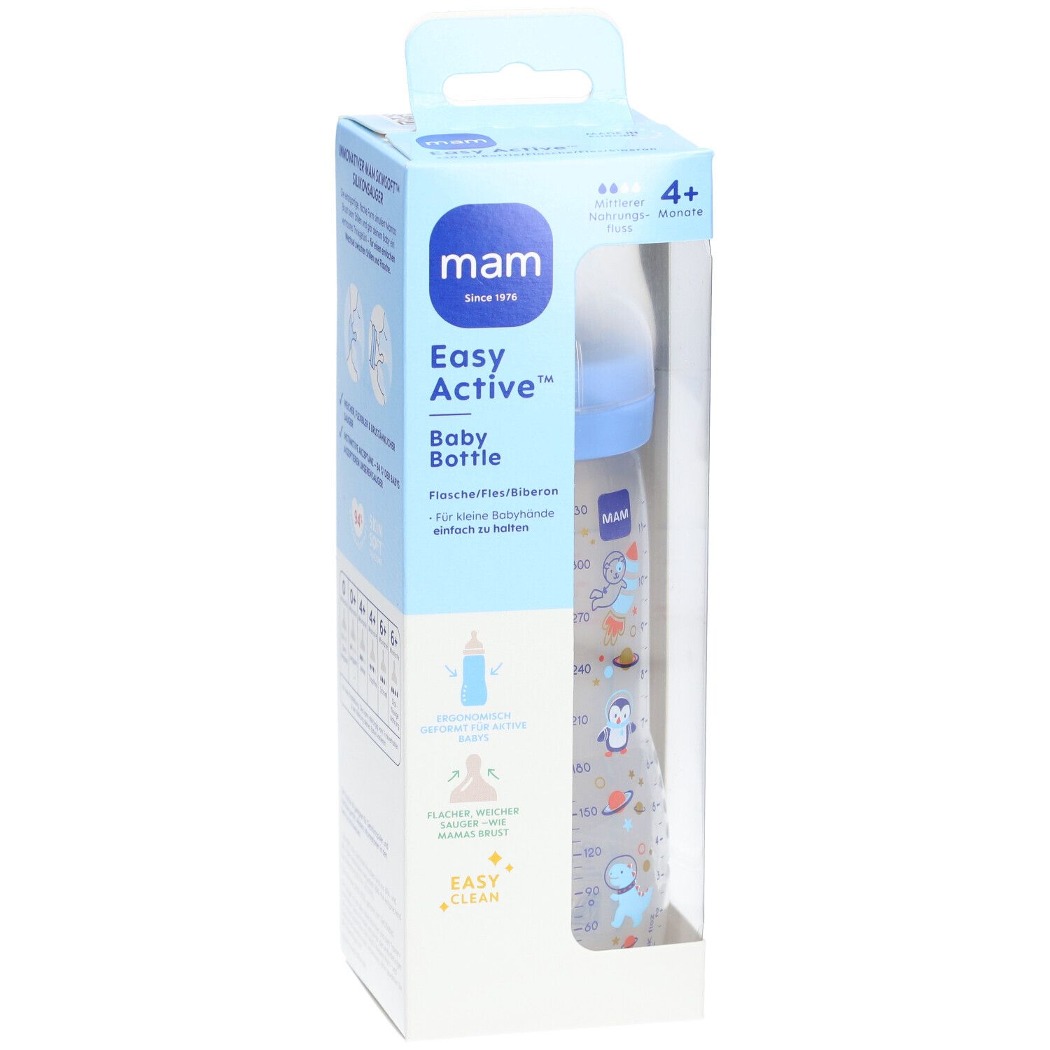 Biberon Easy Active™ en boîte. Capuchon bleu, biberon transparent avec graduation et motifs animaux. 4+ mois.