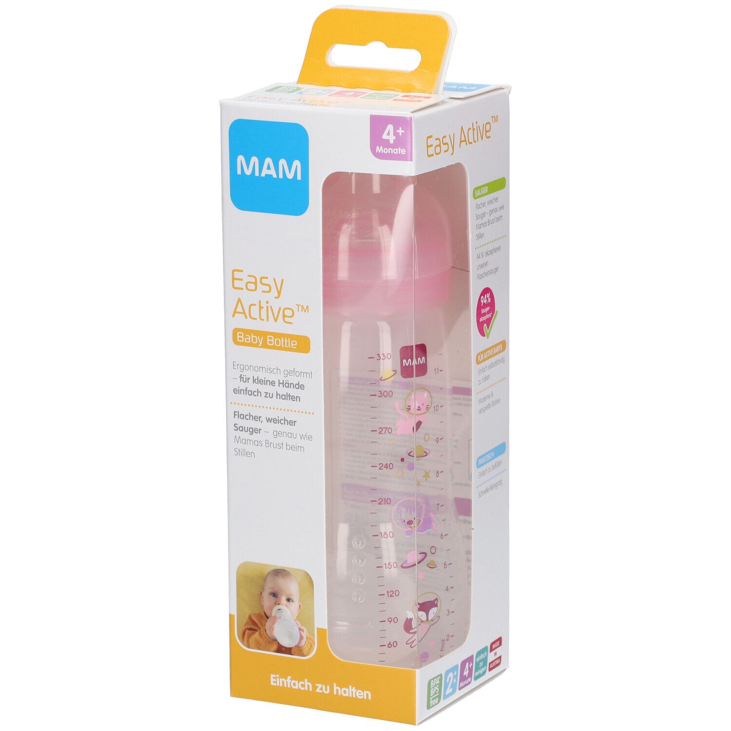 Biberon MAM Easy Active™ dans son emballage. Tétine rose, bouteille transparente avec graduation. Nom et logo sur l'emballage.