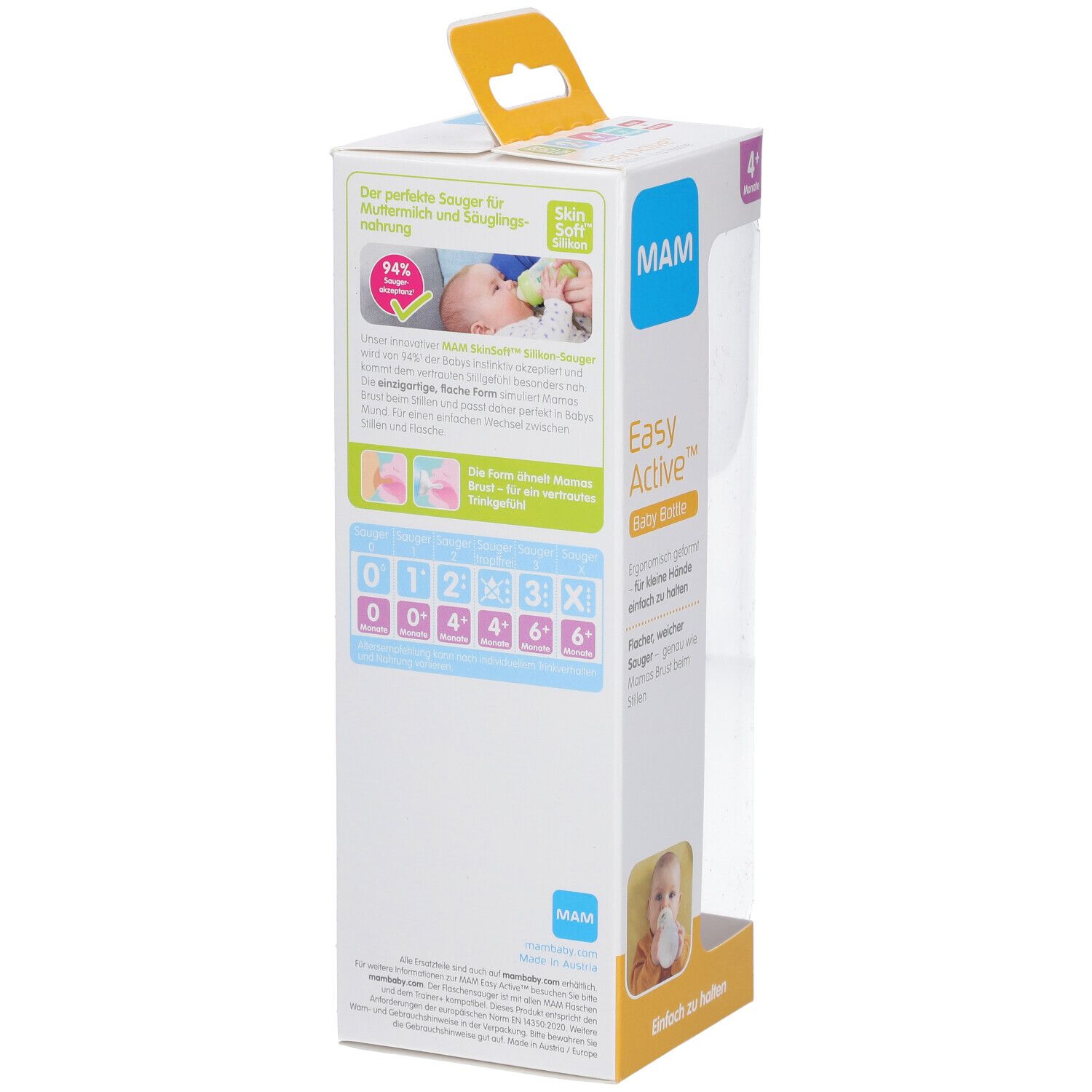 Emballage du biberon. Dos avec informations, graphiques et images du produit. Logo MAM et nom du produit.