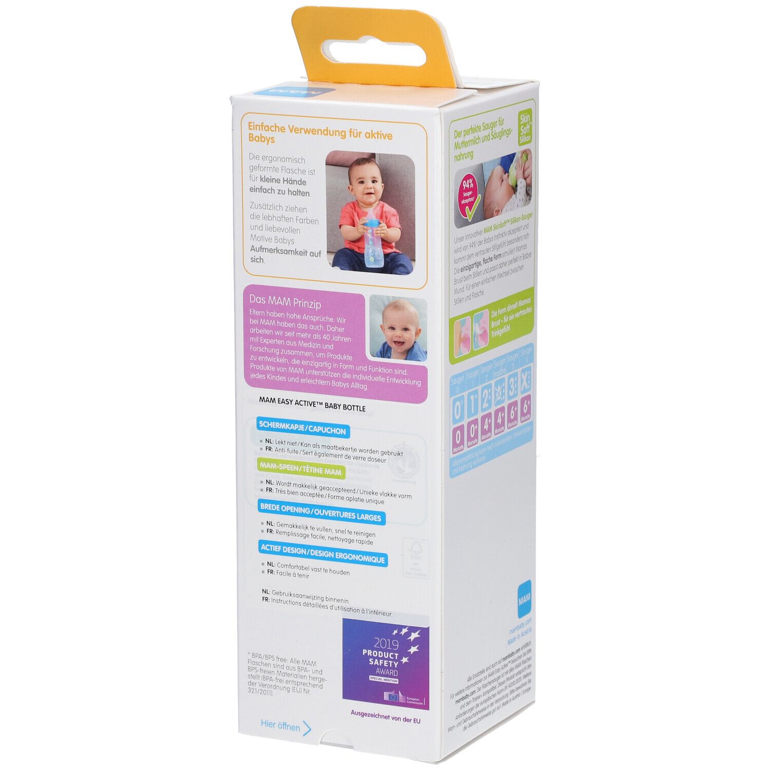 Emballage du biberon. Côté avec informations et images du produit. Logo MAM et nom du produit. Certification.