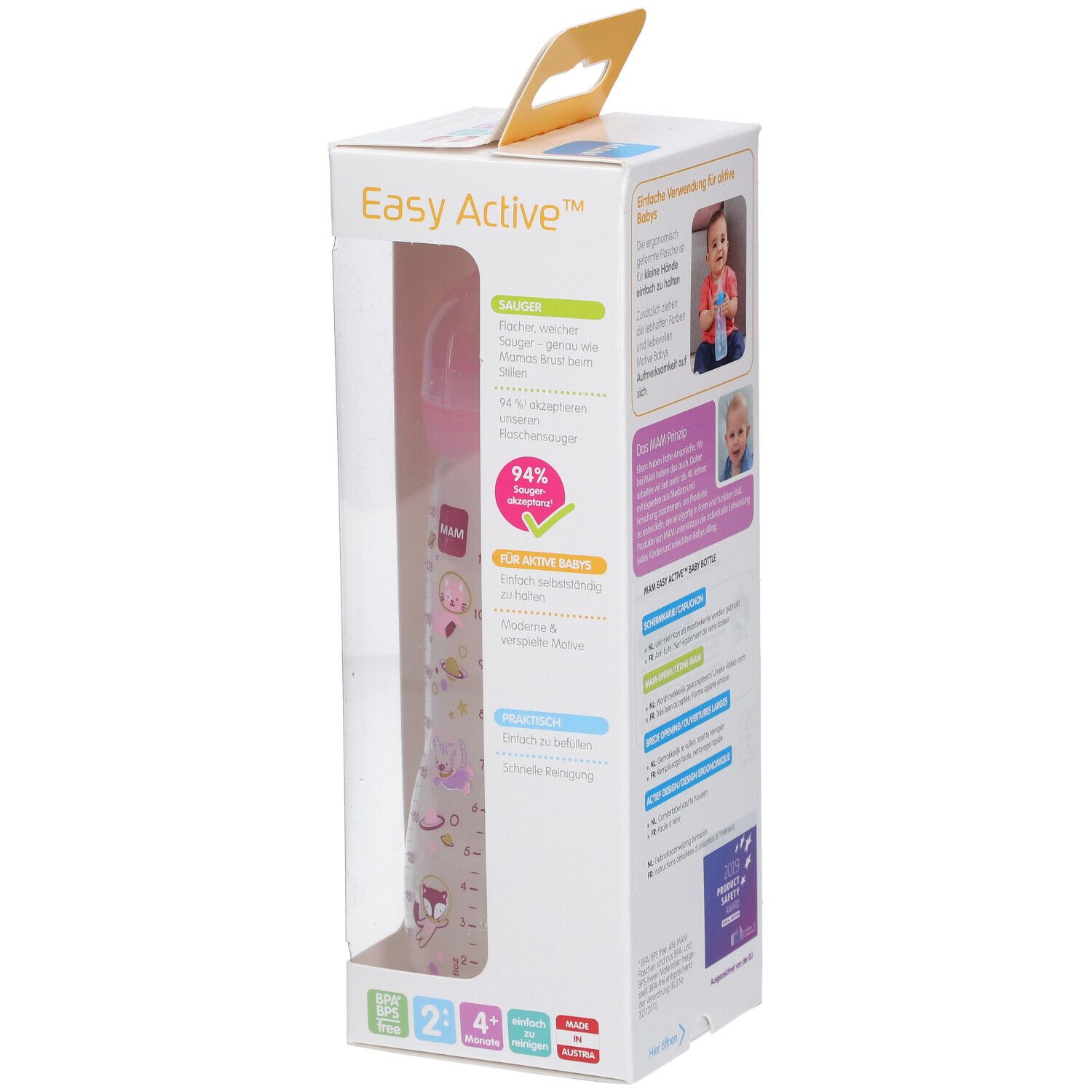 Biberon MAM Easy Active™ dans son emballage. Tétine rose, bouteille transparente avec graduation. Nom et logo sur l'emballage.