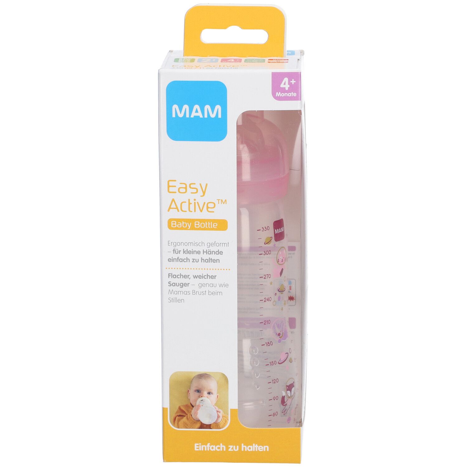 Biberon MAM Easy Active™ dans son emballage. Tétine rose, bouteille transparente avec graduation. Nom et logo sur l'emballage.