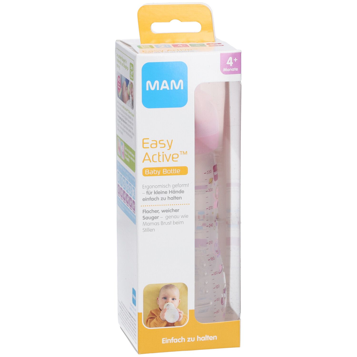 Biberon MAM Easy Active™ dans son emballage. Tétine rose, bouteille transparente avec graduation. Nom et logo sur l'emballage.