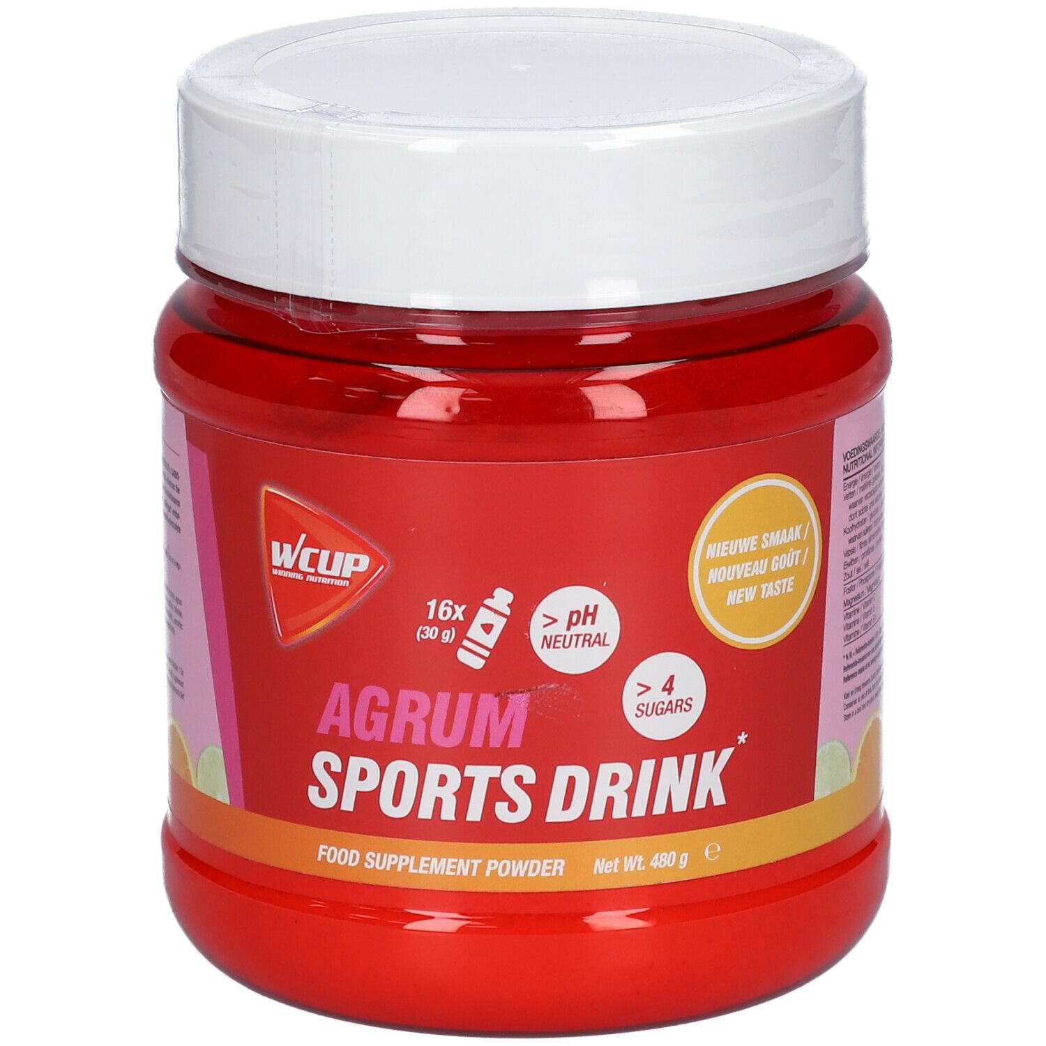 Pot rouge avec couvercle blanc. Inscription: WCUP, AGRUM SPORTS DRINK. Contient 16 portions, pH neutre, plus de 4 sucres. Net 480 g.