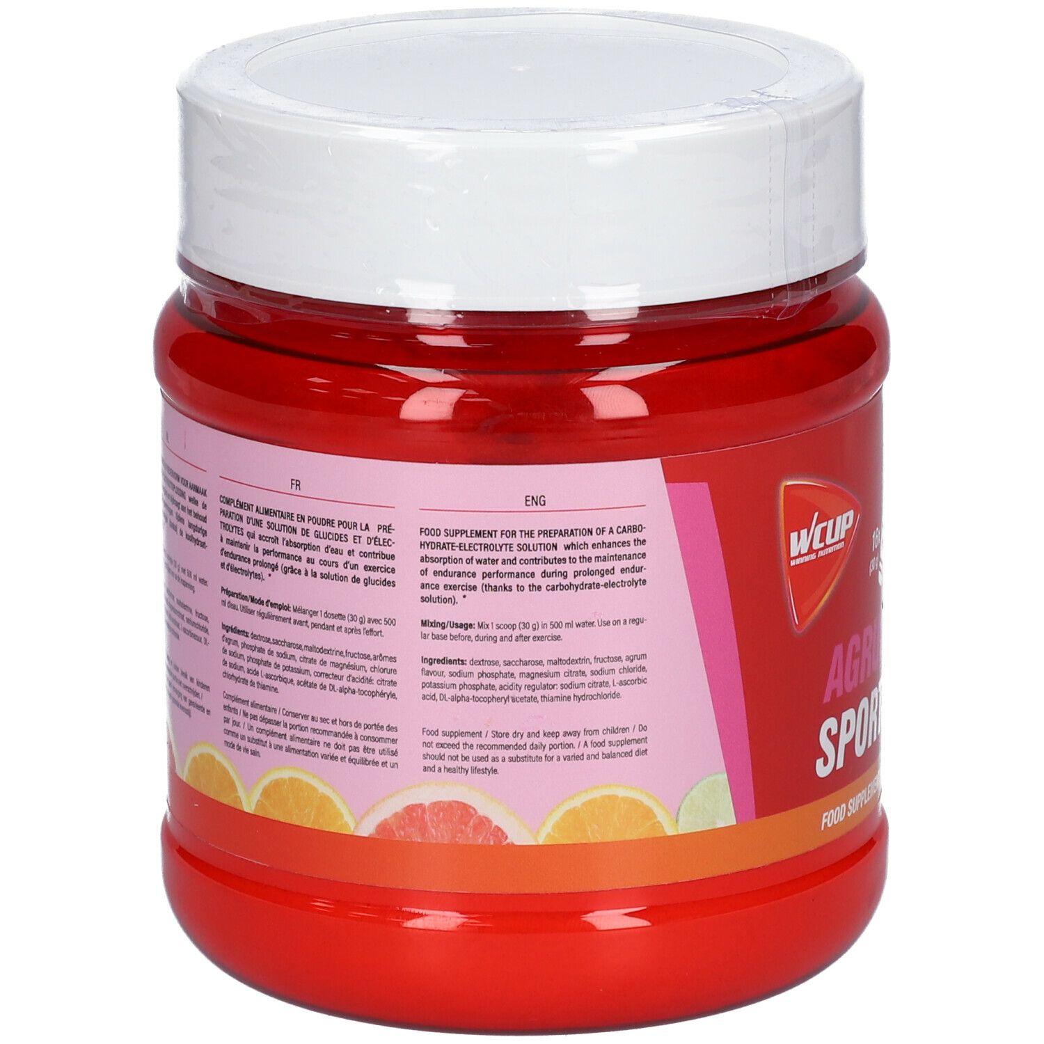 Pot rouge avec couvercle blanc. Dos avec texte en anglais et français. Contient ingrédients et informations nutritionnelles. Avec agrumes.