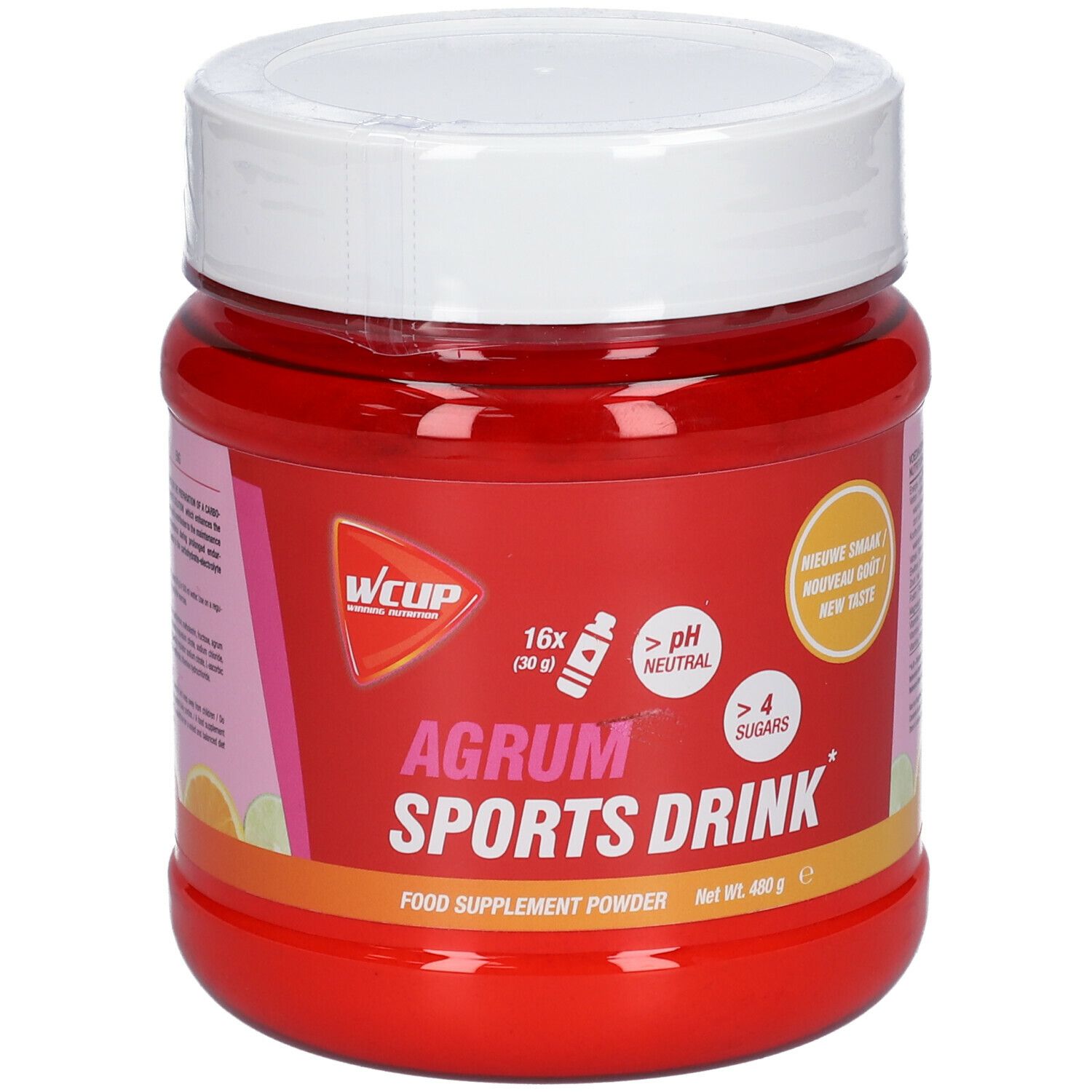 Pot rouge avec couvercle blanc. Inscription: WCUP, AGRUM SPORTS DRINK. Contient 16 portions, pH neutre, plus de 4 sucres. Net 480 g.
