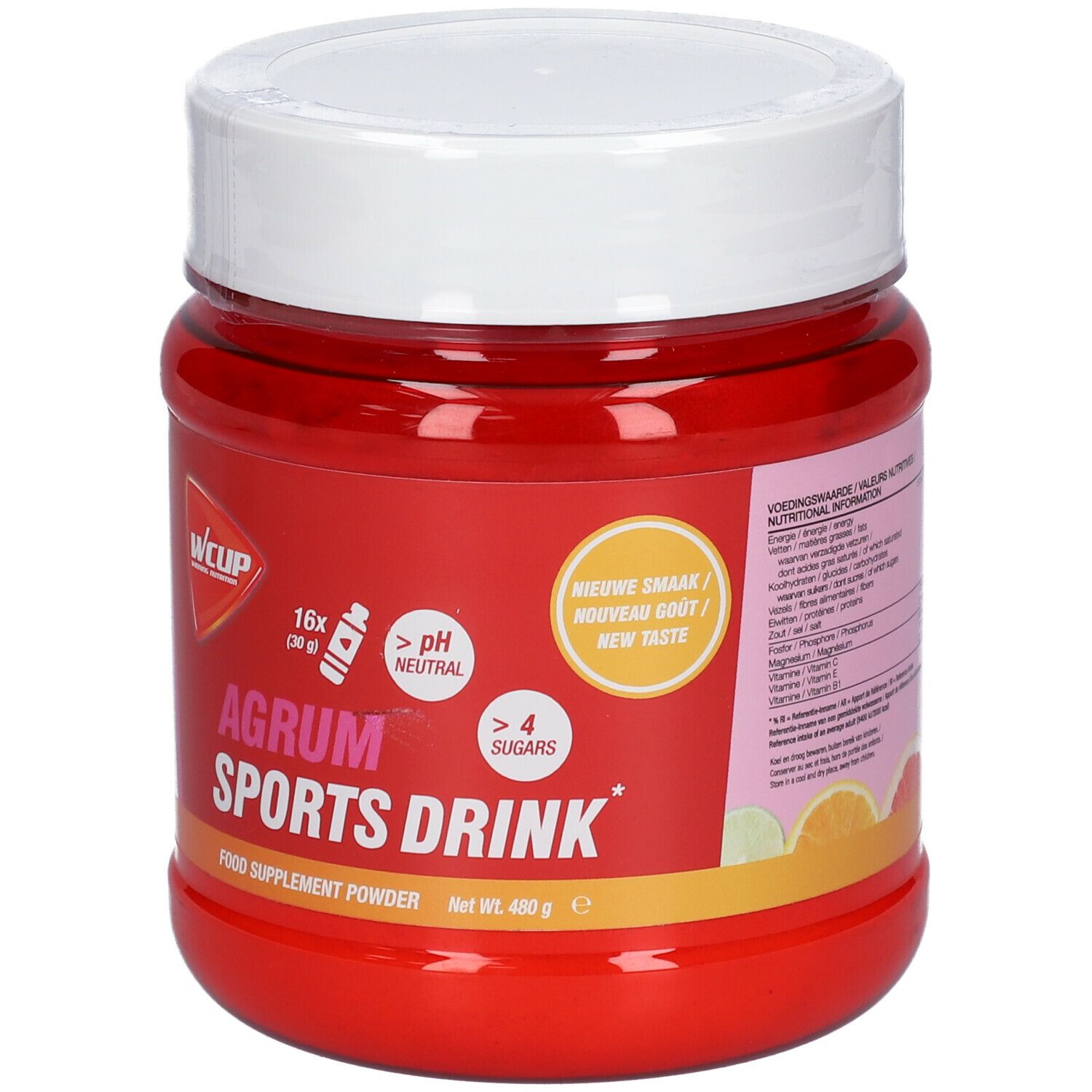 Pot rouge avec couvercle blanc. Inscription: WCUP, AGRUM SPORTS DRINK. Contient 16 portions, pH neutre, plus de 4 sucres. Net 480 g.