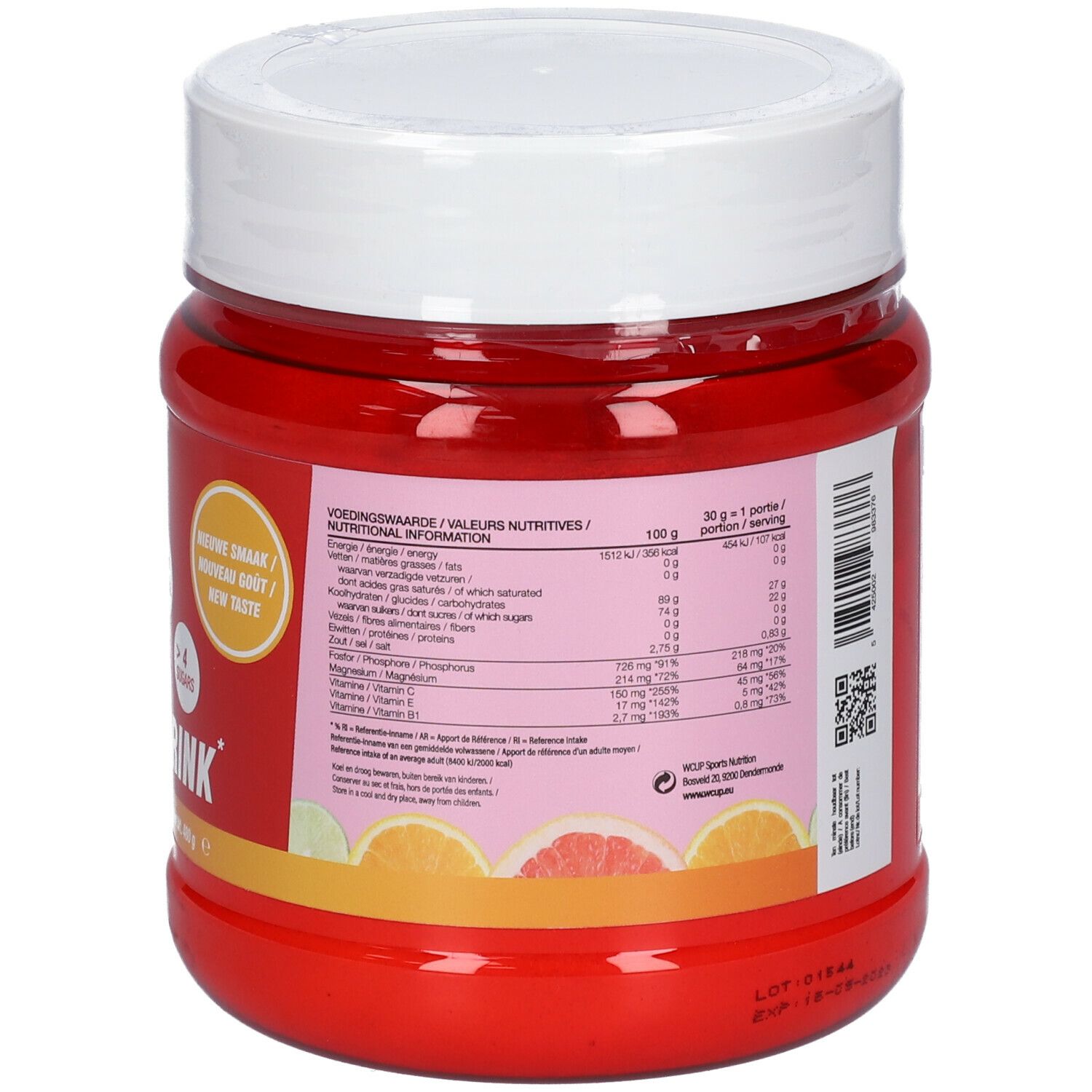 Pot rouge avec couvercle blanc. Dos avec informations nutritionnelles. Contient énergie, graisses, glucides, sucres, protéines, sel, vitamines et minéraux.