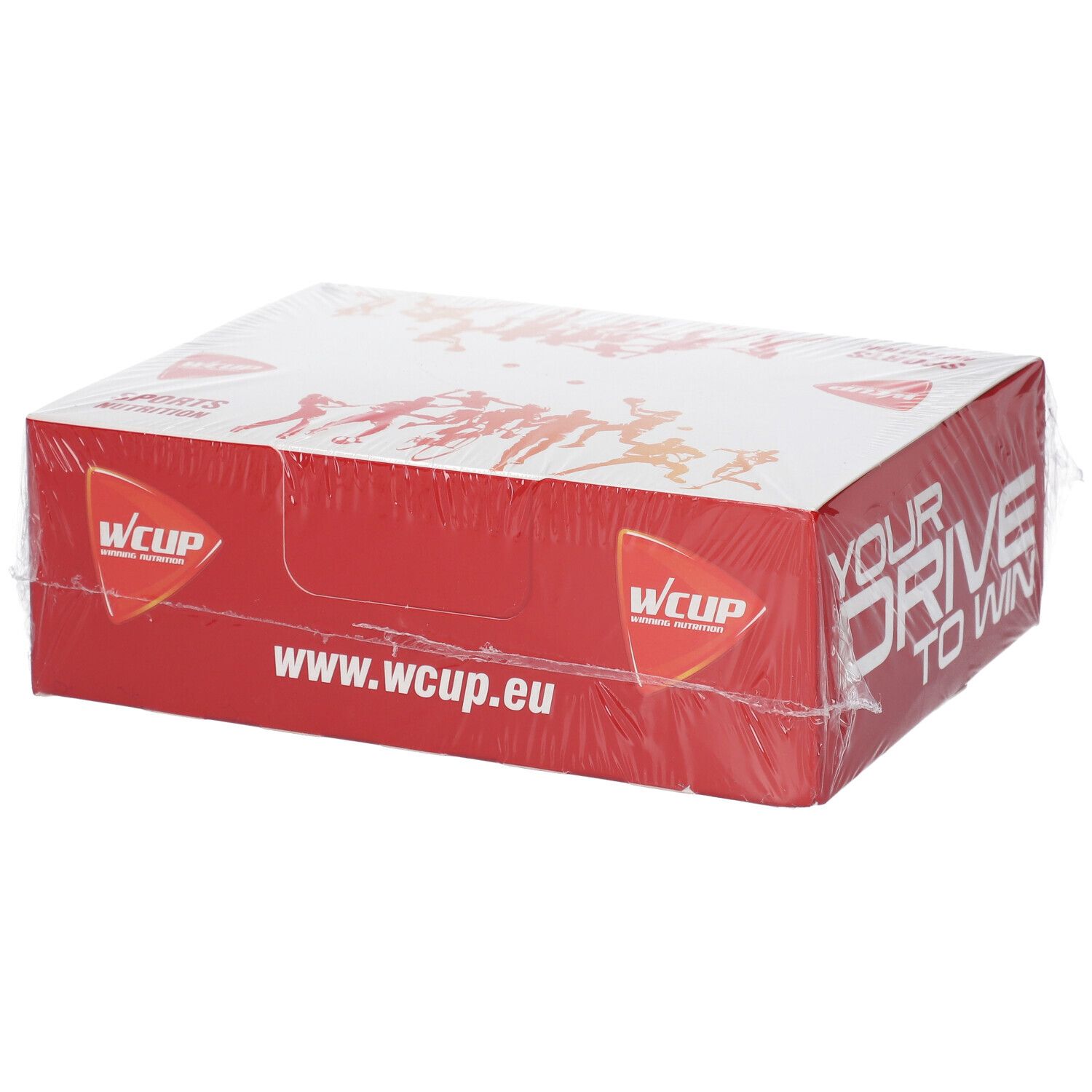 Emballage rouge avec couvercle blanc. Inscriptions : WCUP, www.wcup.eu et « YOUR DRIVE TO WIN ». Emballé dans du film plastique.