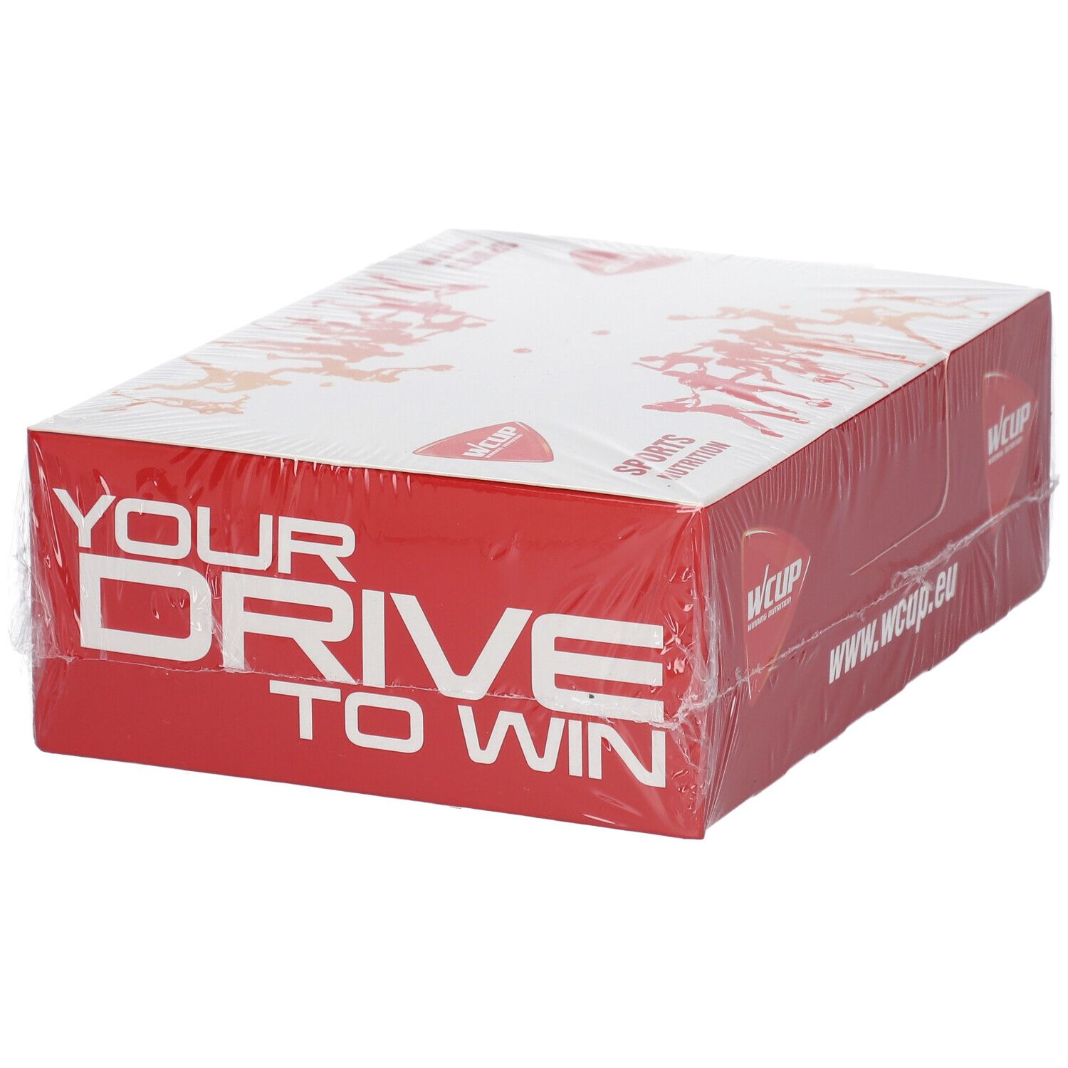 Emballage rouge avec couvercle blanc. Inscriptions : WCUP, www.wcup.eu et « YOUR DRIVE TO WIN ». Emballé dans du film plastique.